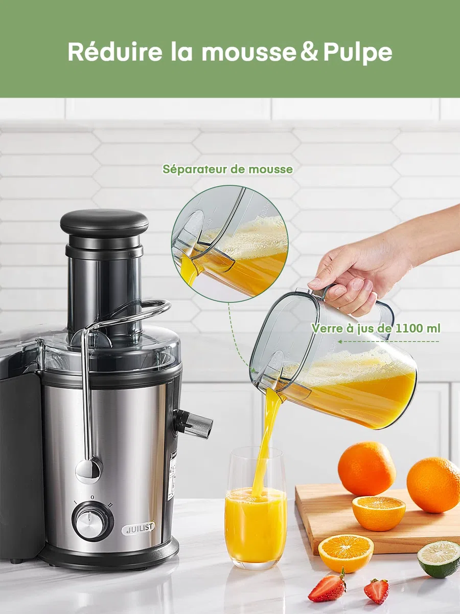 Juilist 800W Centrifugeuse Extracteur de Jus, Centrifugeuse Fruits et Legumes à 2 Vitesses, 75MM Large Bouche en Acier Inox, Design Anti-goutte, 1100ml Pichet à Jus et Nettoyage Facile