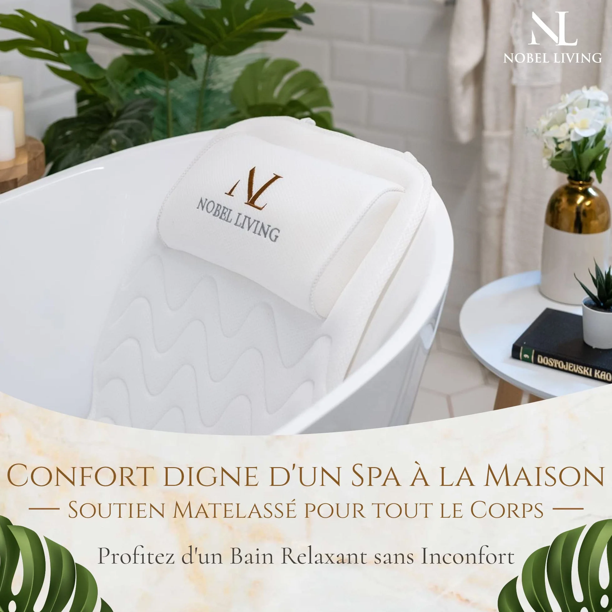 Coussin Baignoire Corps Complet Claessonliving 125x43cm Matelas de Bain avec appuie-tête et Supports pour Le Corps Blanc