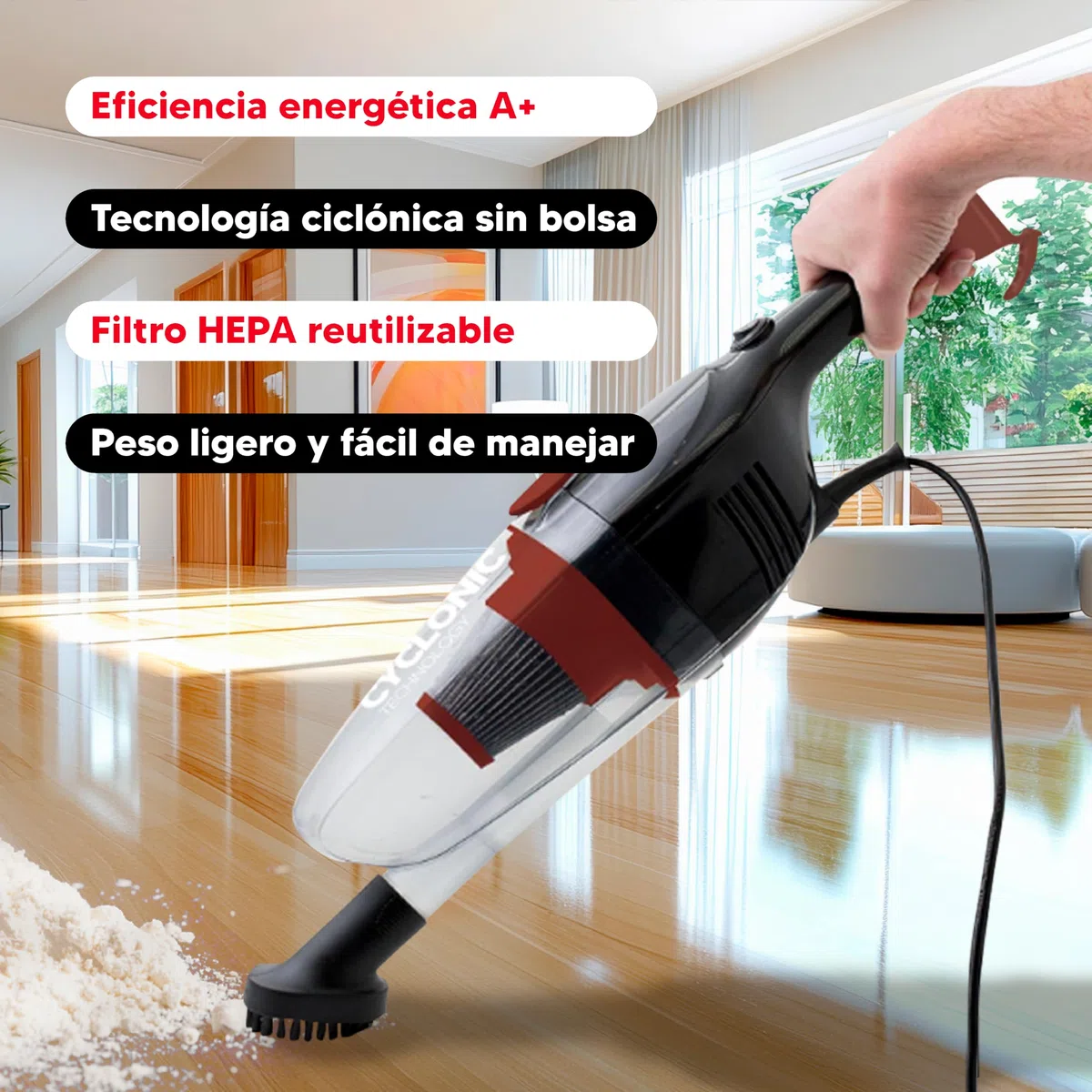 SOGO Cyclone Handheld Vacuum Cleaner 600W Energy Class A+ 2 in 1 with 0.8L Container HEPA Filter 4.5m Cable Black
