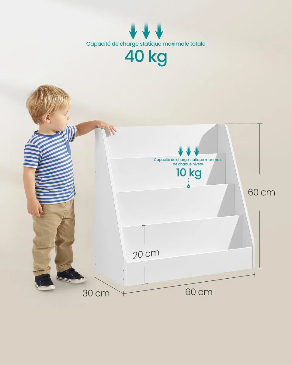 SONGMICS Étagère à Livres pour Enfants, Bibliothèque Montessori à 4 Niveaux, Présentoir Albums Illustrés, pour Chambre d’Enfant, Espace Lecture, 30 x 60 x 60 cm, Blanc Nuage GKR074WZ01