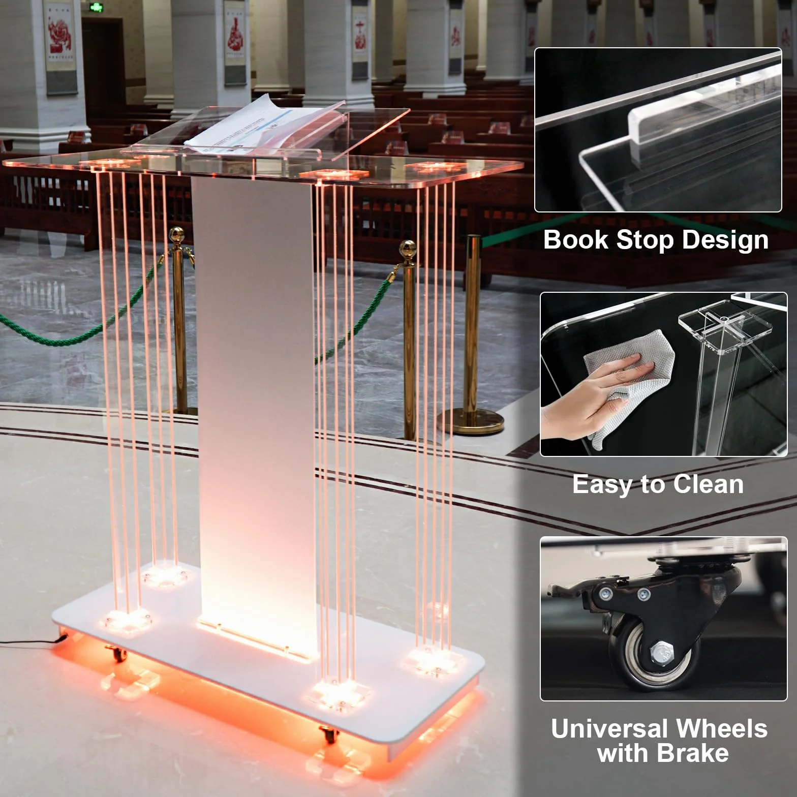 Afitdon Chaire d'église Pupitre en Acrylique Transparent avec Roues et 15 Couleurs de lumière LED réglables, Grand Support Acrylique pour église, Concert, conférence, Mariage, Salle de Classe