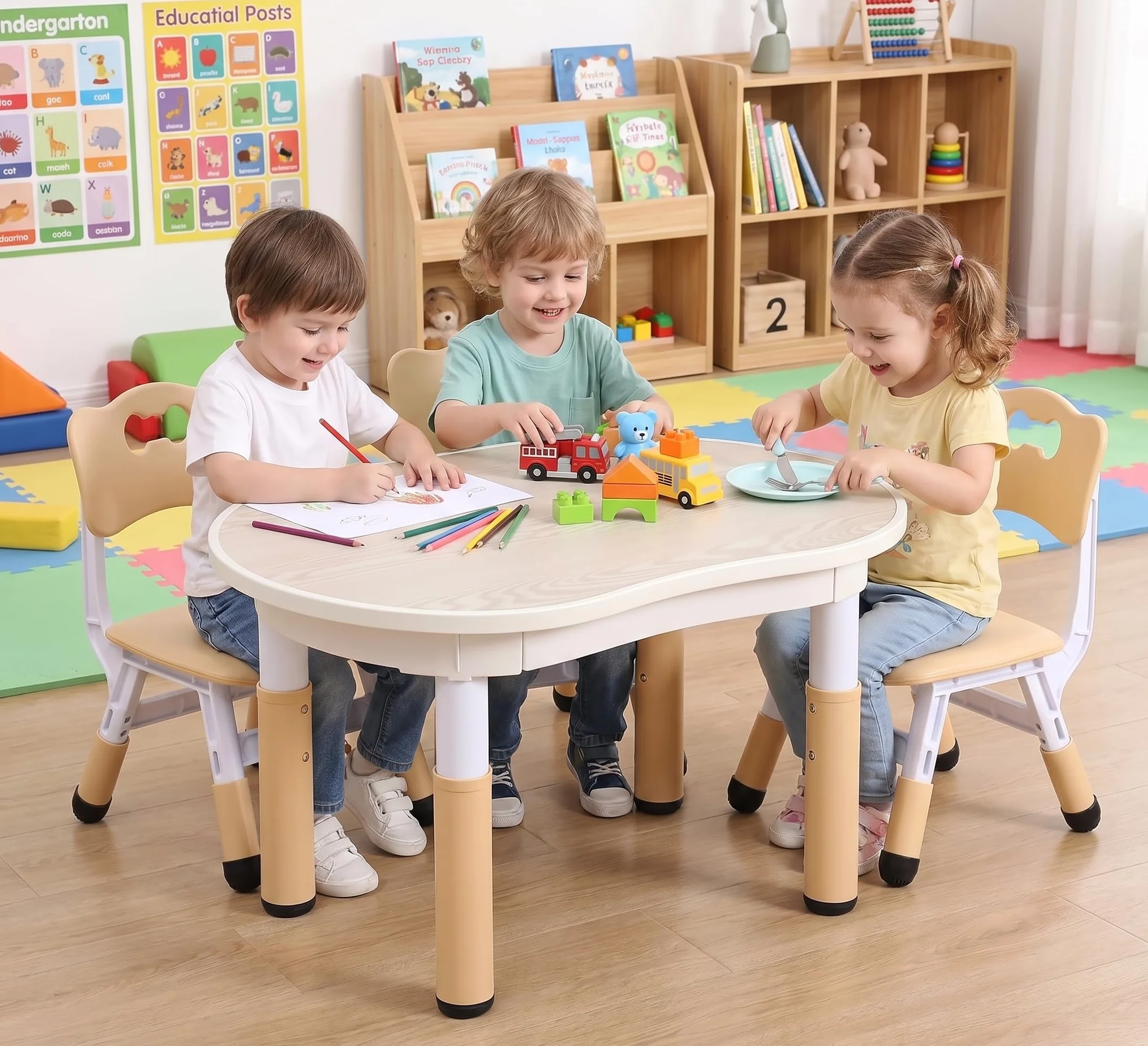 MAMIZO Table pour Enfant Réglable en Hauteur avec 2 Chaises - Forme de Cacahuète en Plastique - pour Maison, Garderie, Jardin d'enfants - Jaune