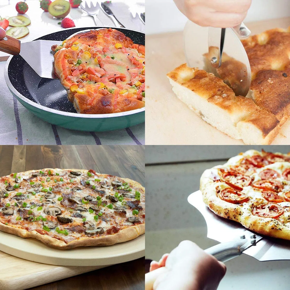 onlyfire Kit Accessoires Pizza 4 Pièces, Pierre à Pizza 38cm en Cordiérite, Pelle à Pizza Aluminium avec Manche en Bois, Roulette et Spatule Longue en INOX pour Grill, Barbecue et Four