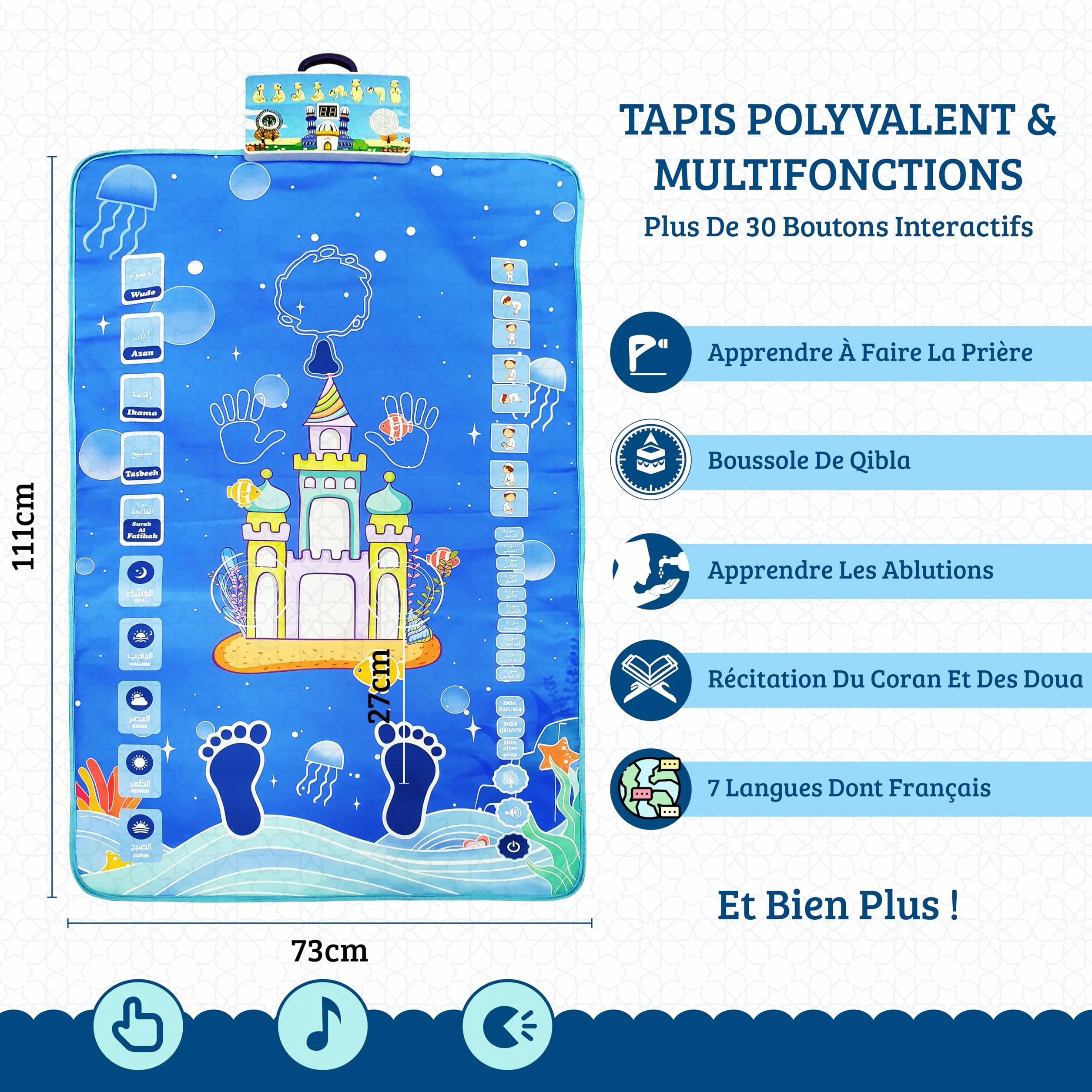 Tapis de Prière Musulman Électronique Interactif pour Enfant avec Récitation de Sourates du Coran et Doua - Chapelet Tasbih Inclus