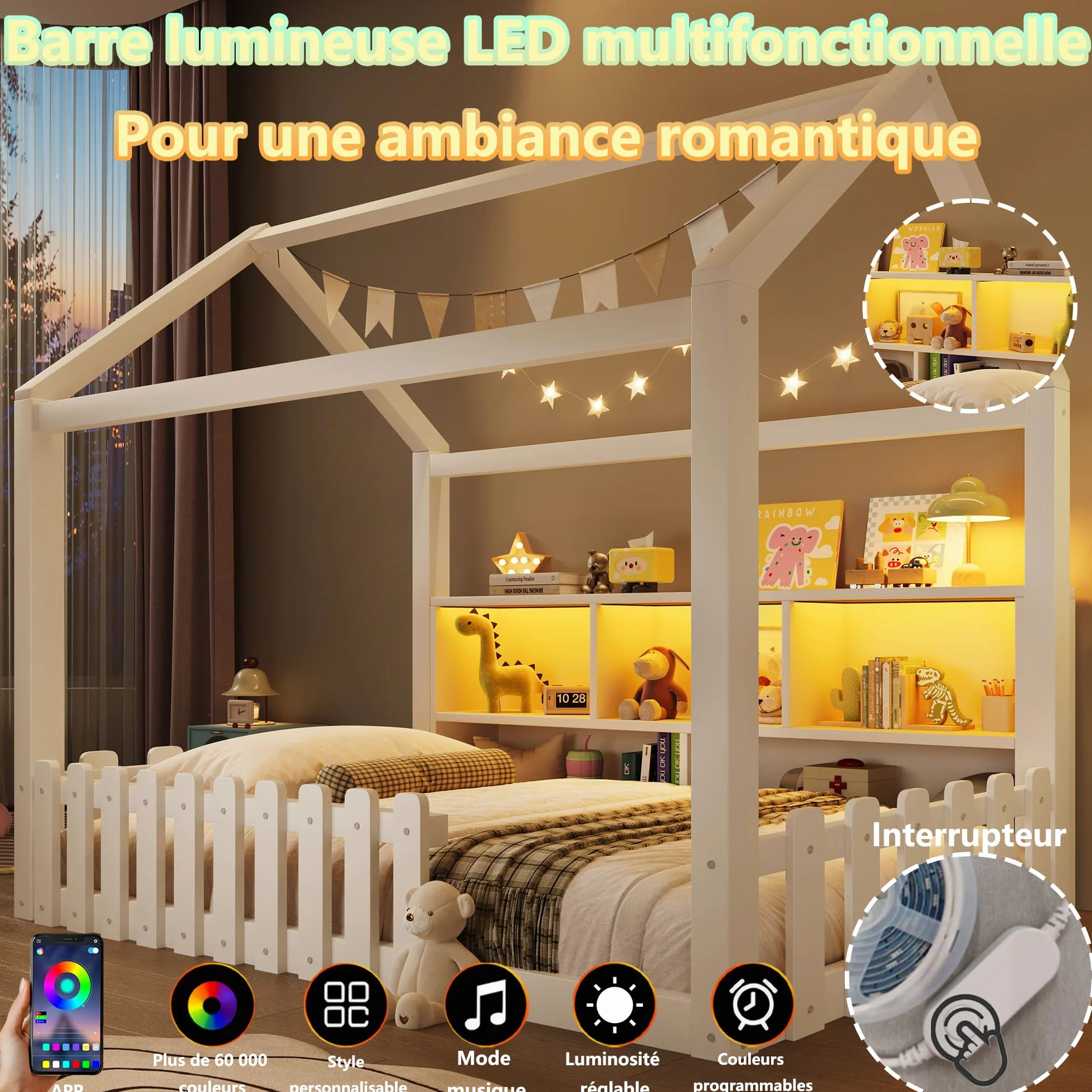 Lit cabane Enfants 90x190 cm avec LED,lit Enfant avec Barriere,lit Enfant cabane lit au Sol Enfant,Compartiments de Rangement Ouverts, Design Maison,Bande de Maison,Bois de pin,Blanc