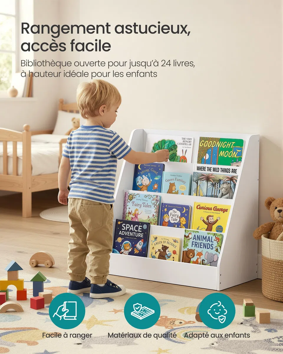 SONGMICS Étagère à Livres pour Enfants, Bibliothèque Montessori à 4 Niveaux, Présentoir Albums Illustrés, pour Chambre d’Enfant, Espace Lecture, 30 x 60 x 60 cm, Blanc Nuage GKR074WZ01