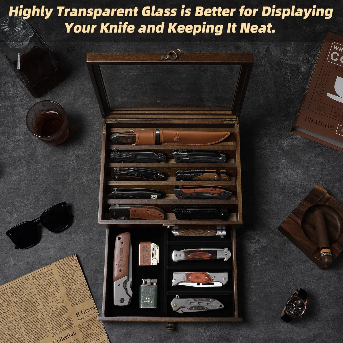 2 Étages Présentoir à Couteaux, Grande Vitrine à Couteaux pour Plusieurs Couteaux Pliants, Coffret Poignard en Bois avec Tiroir et Vitre Haute Définition, pour Collections, Cadeau (Noyer)