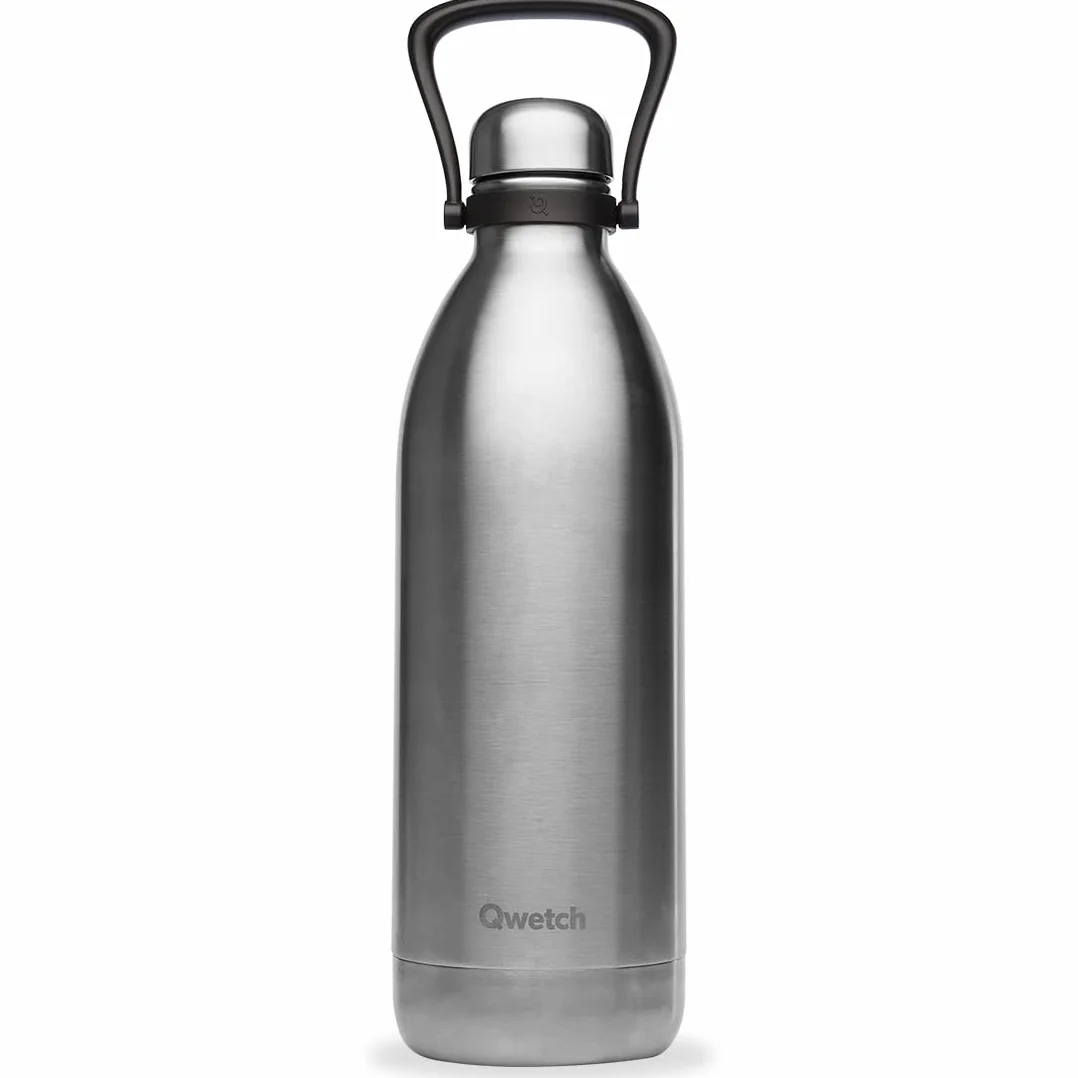 Qwetch - Grande Bouteille Isotherme - Inox Brossé 2L - 48h Froid et 16h Chaud - Etanche & Sans BPA - Gourde Inox avec Poignée de Portage - Thermos isotherme pour Pique-nique, Camping, Famille