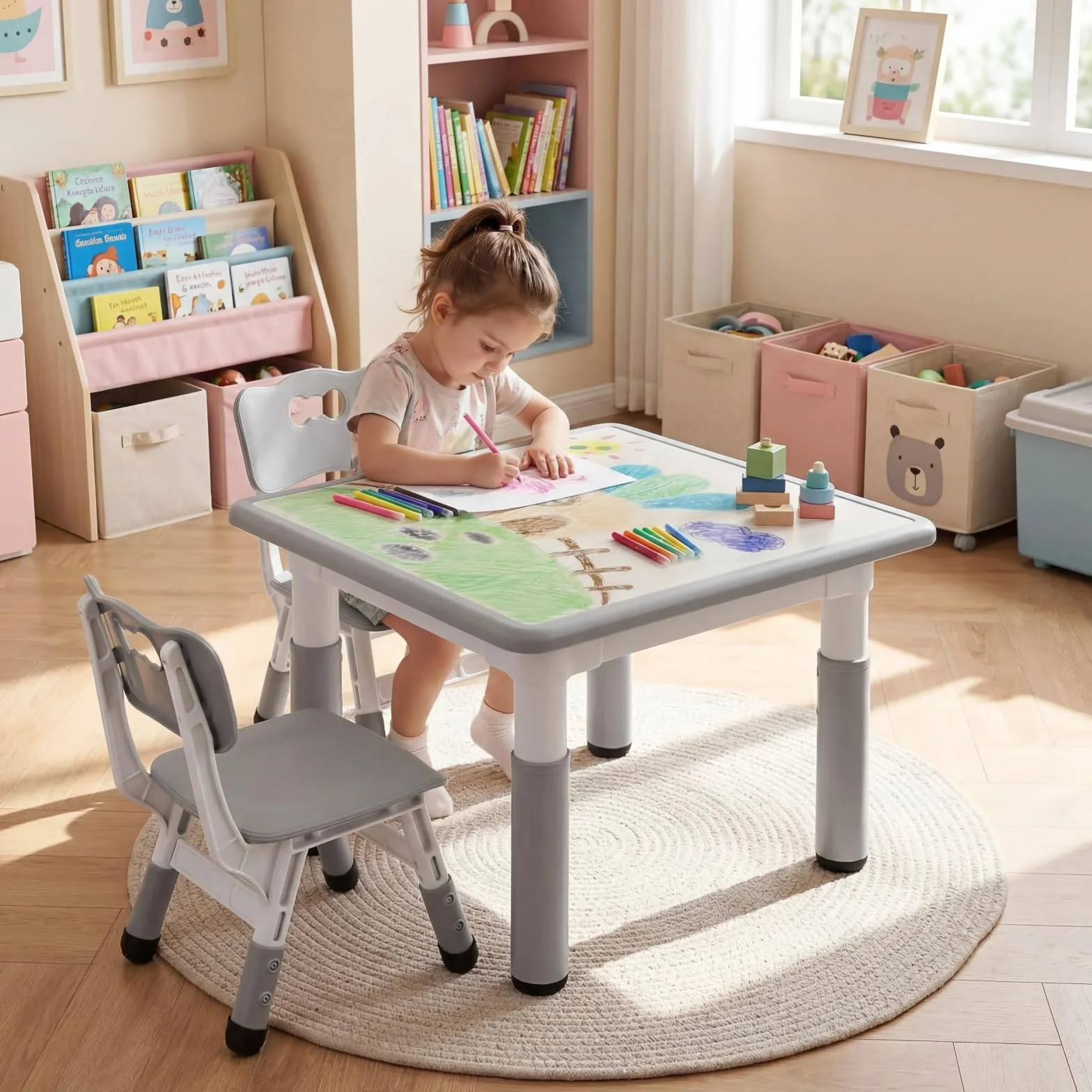 MAMIZO Ensemble de Table pour Enfants Réglable en Hauteur Avec 2 Chaises, Meubles en Plastique, pour Peinture, Garçons et Filles à Partir de 3 Ans (Gris, Carrée)