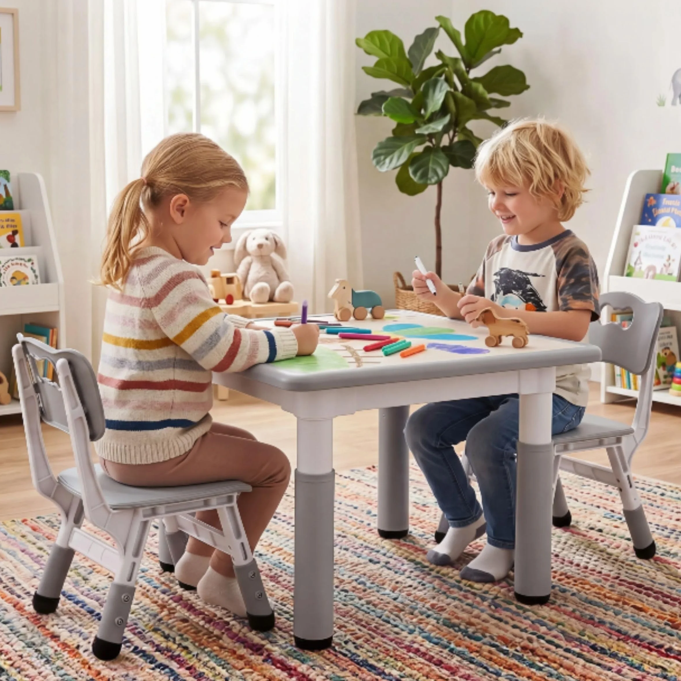 MAMIZO Ensemble de Table pour Enfants Réglable en Hauteur Avec 2 Chaises, Meubles en Plastique, pour Peinture, Garçons et Filles à Partir de 3 Ans (Gris, Carrée)