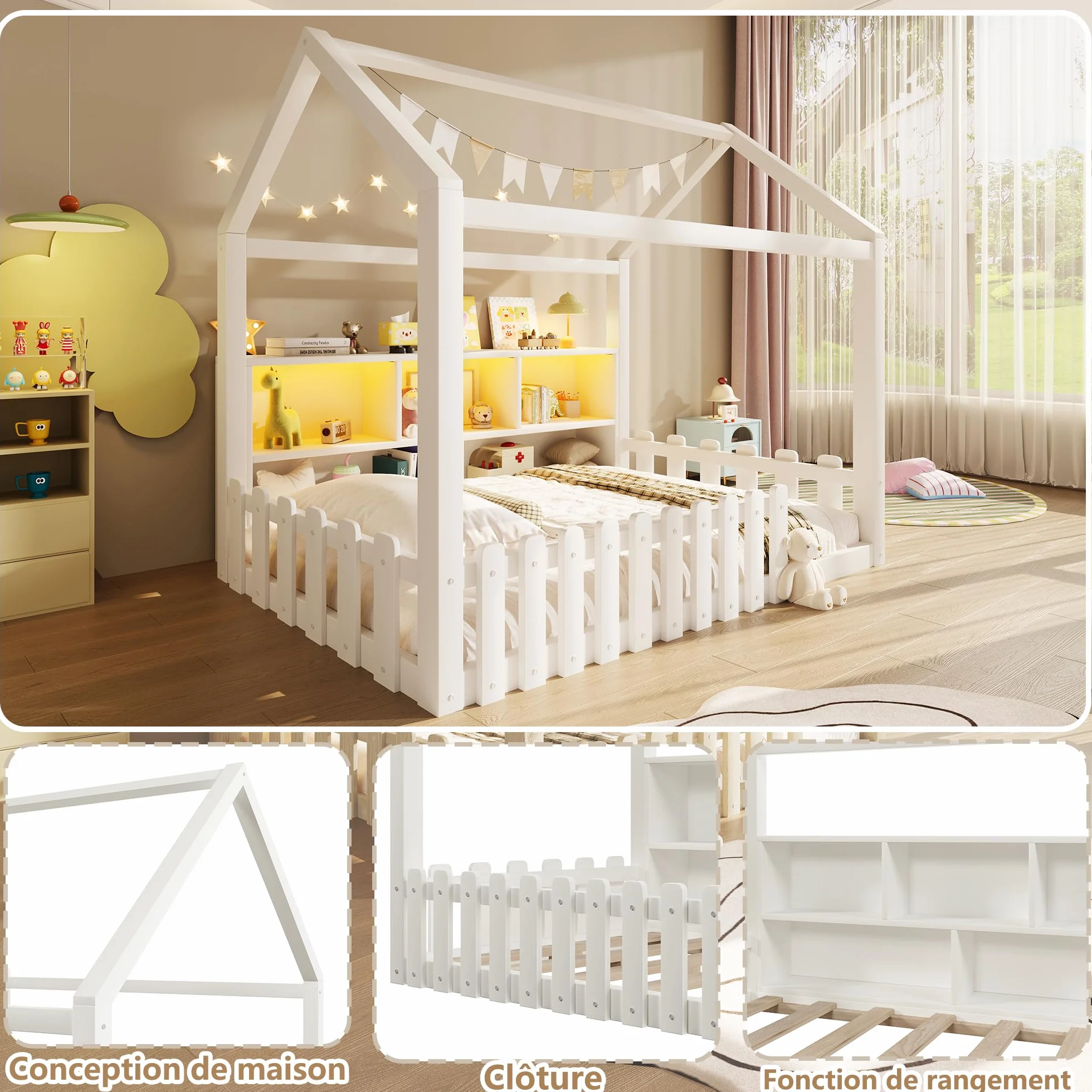 Lit cabane Enfants 90x190 cm avec LED,lit Enfant avec Barriere,lit Enfant cabane lit au Sol Enfant,Compartiments de Rangement Ouverts, Design Maison,Bande de Maison,Bois de pin,Blanc