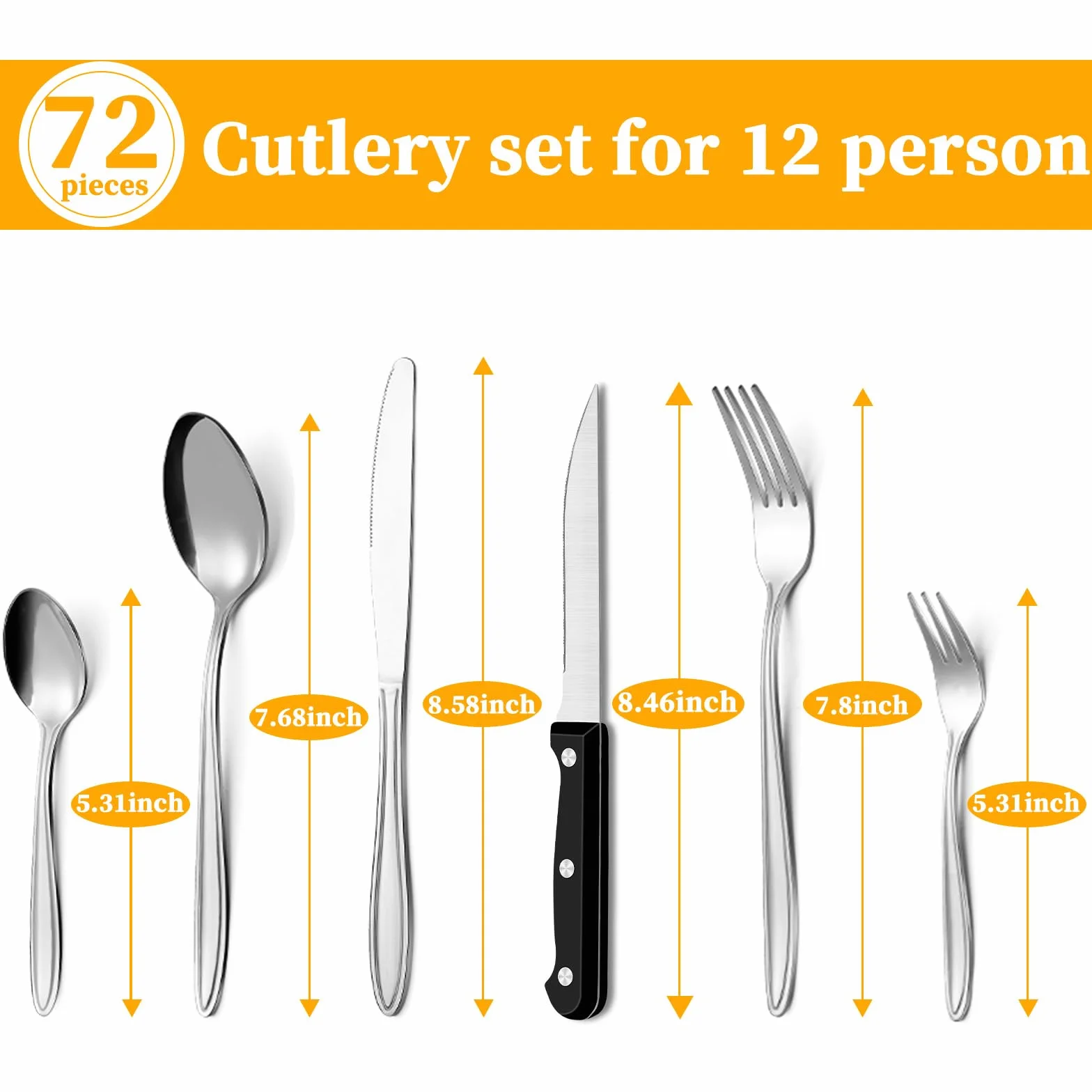 Set de Couverts 72 Pièces, Service de Table 12 Personnes, Set de Couverts de Haute Qualité avec Couteau à Steak, Couteau, Fourchette, Cuillère,Elégant Acier Inoxydable Couvert