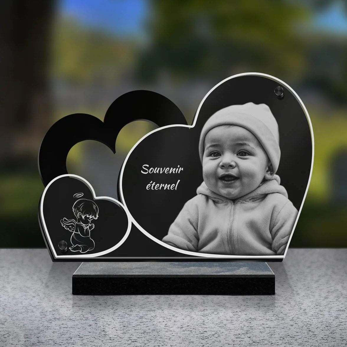 ETERNEL Plaque Funéraire Personnalisée Double Coeur Ange Enfant Photo Texte Gravée au Laser Hommage Tombale Obsèques Commémoration