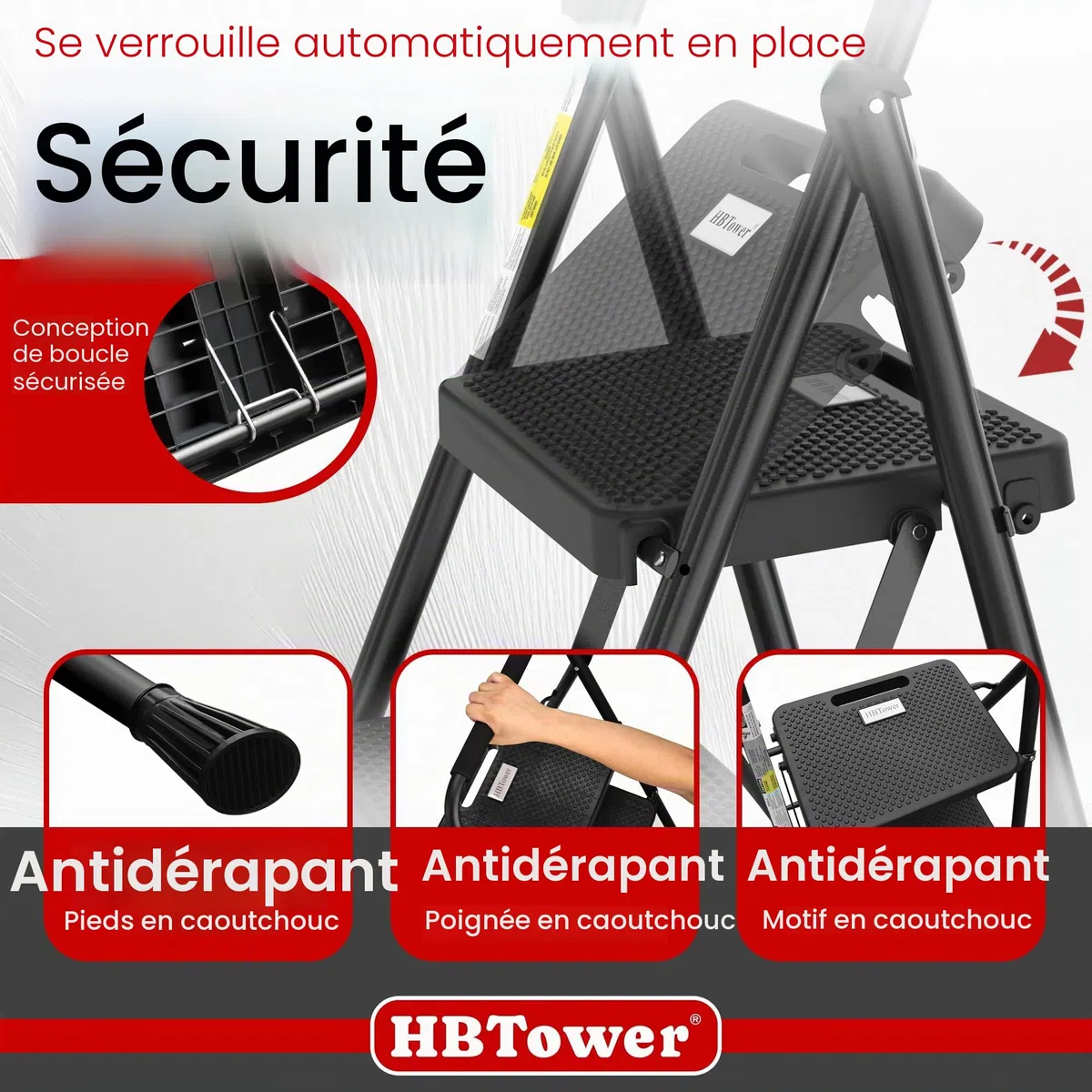 HBTower Escabeau 3 Marches Pliable, Échelle avec Pédales Antidérapantes et Poignée Confortable, Escabeau en Acier Portable, Noir
