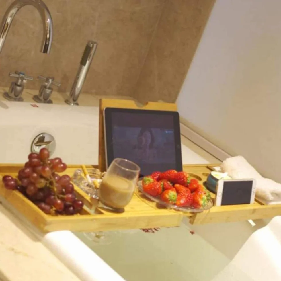 Plateau de Bain en Bambou, Pont de Baignoire Extensible, Etagère avec Rangement et Porte-Savon, 75-109cm