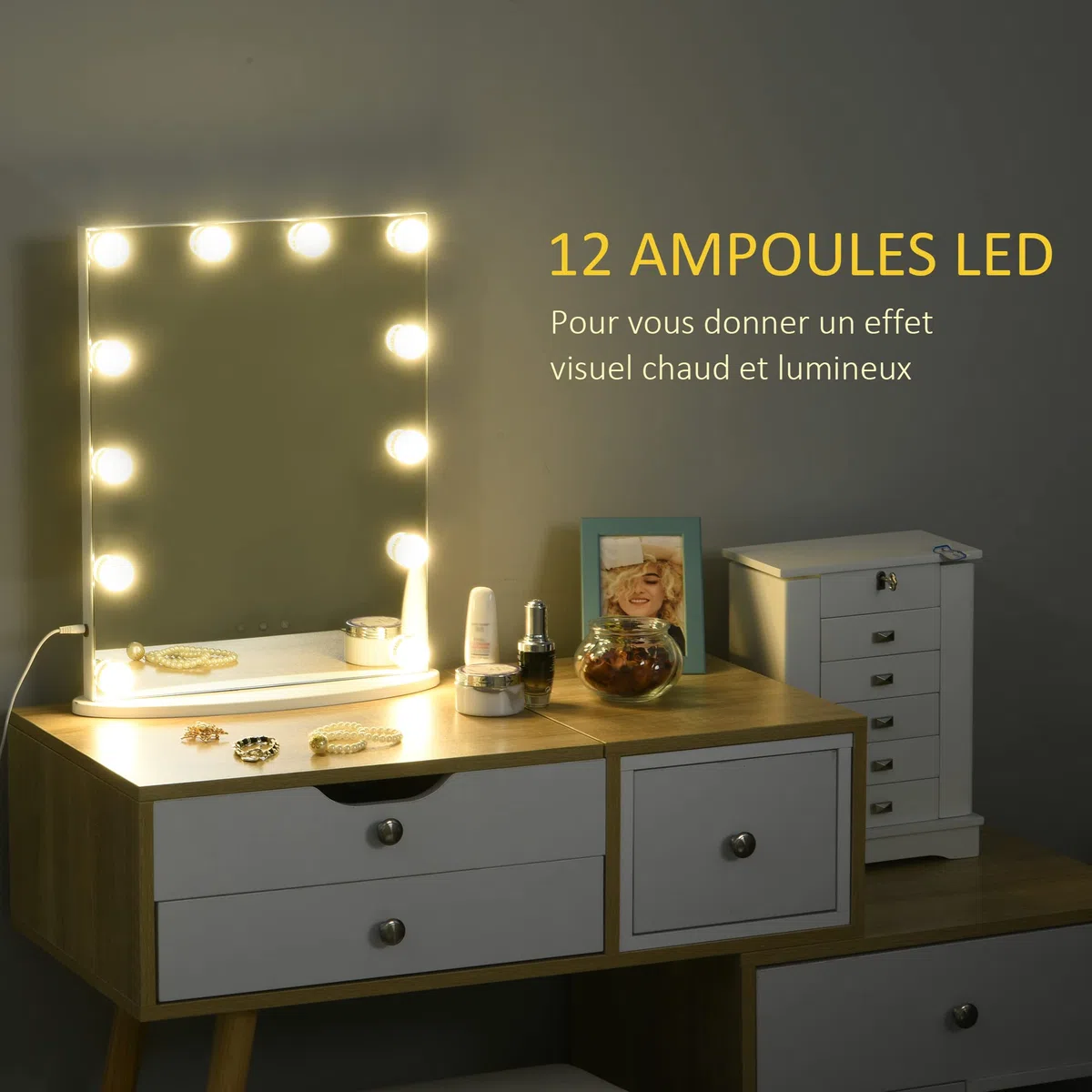 HOMCOM Miroir Maquillage Hollywood Lumineux LED intensité réglable pour Coiffeuse dim. 41L x 13P x 51H