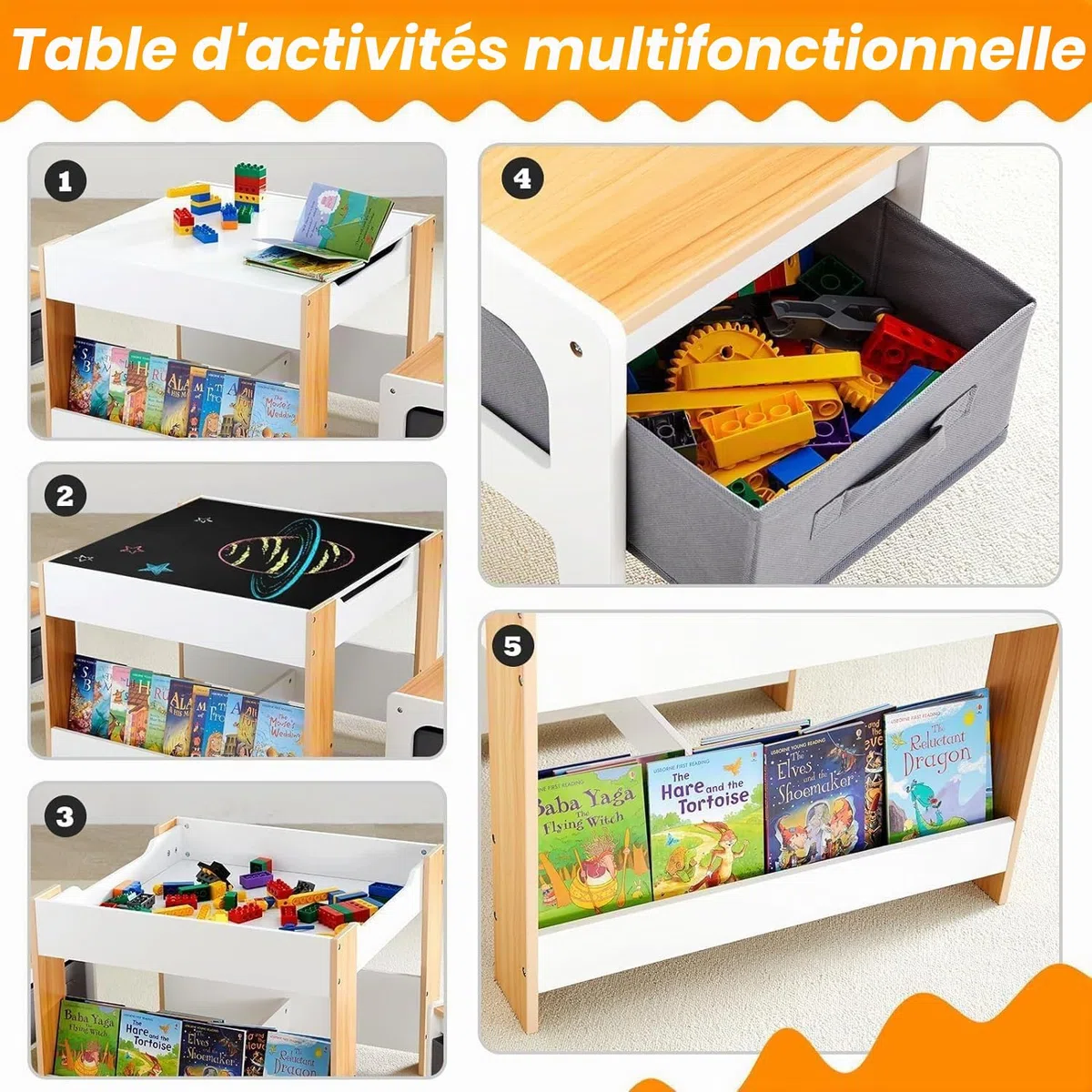 Asweets Ensemble Table et Chaises pour Enfants, Bureau 4 en 1 avec Tiroir De Rangement, Table d'Activités en Bois pour Plateau Amovible 2 en 1, avec Bibliothèque
