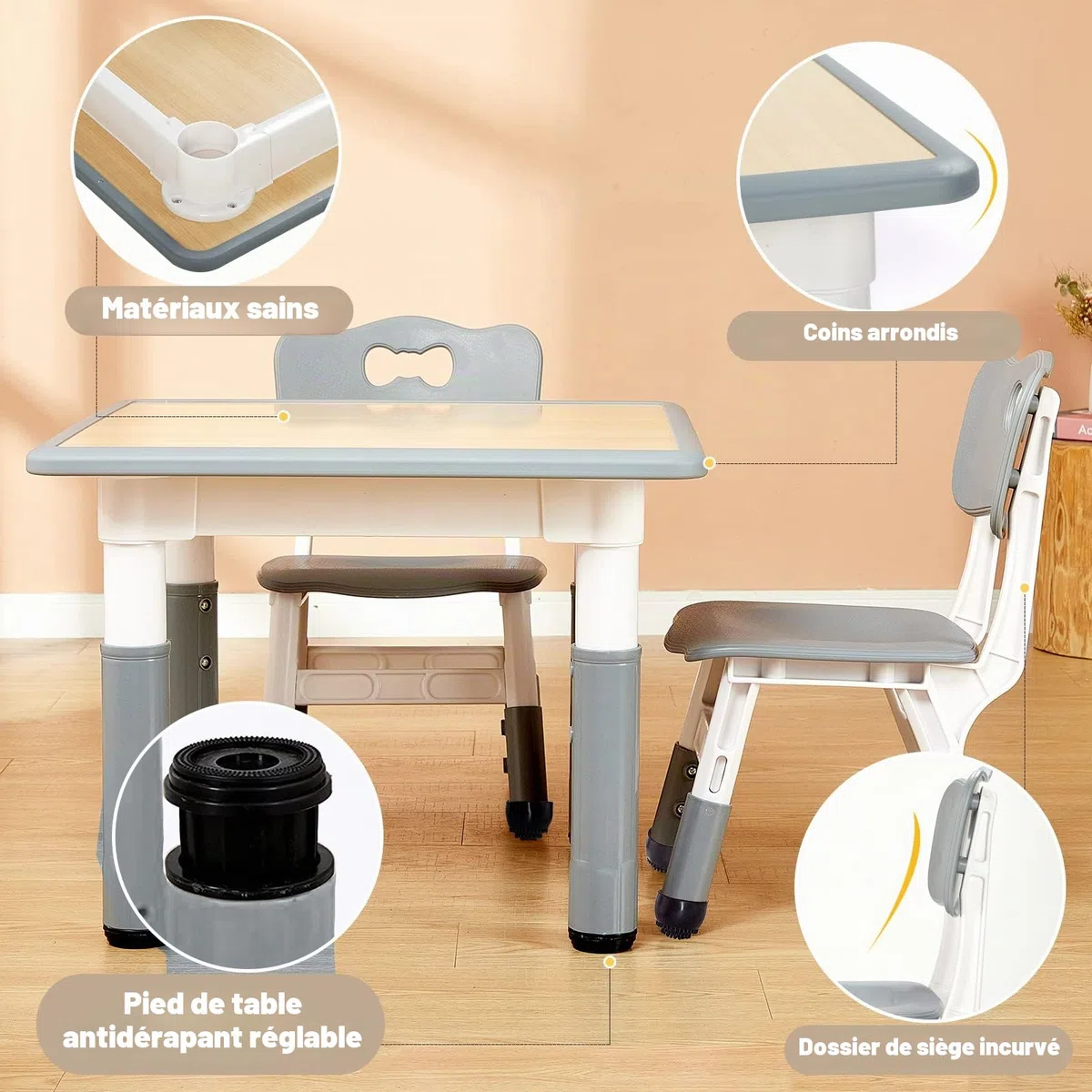 FUNLIO Table pour Enfant avec 2 Chaises, Table et Chaise Réglable en Hauteur pour Les 3 à 8 Ans pour la Maison, Dessin Enfant Facile à Nettoyer, Approuvé CPC et CE (3 Pièces)- Gris