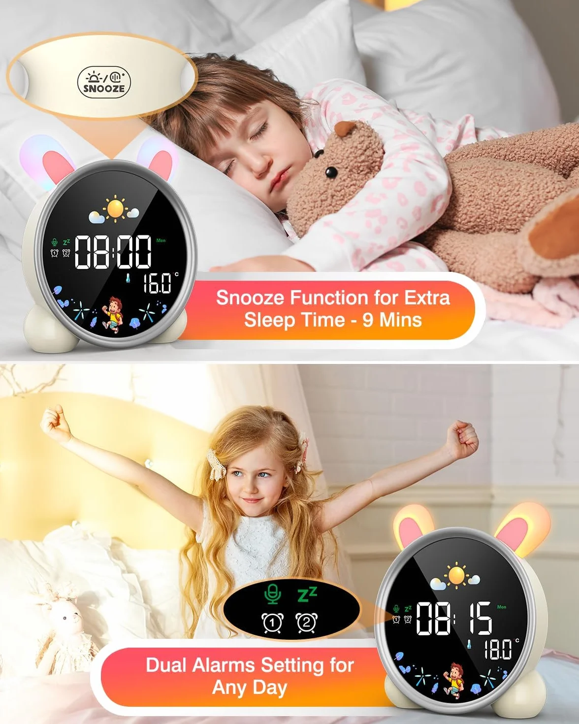 Réveil Enfant LED LEMNOI Lumineux 5 Couleurs Jour Nuit Double Alarme Température Snooze Lapin