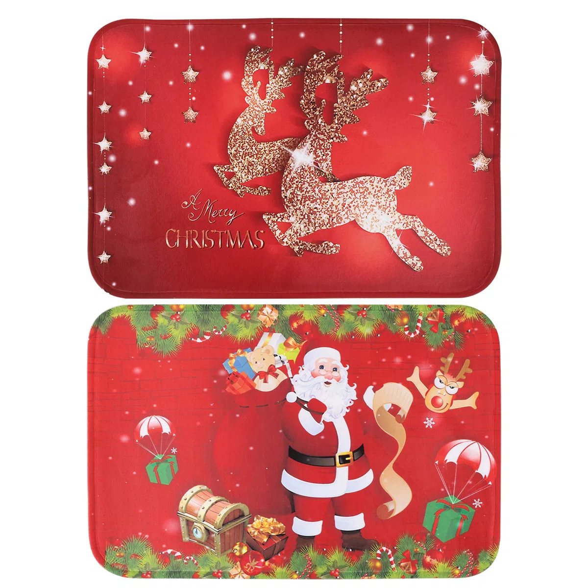 BHGT 2PCS Tapis de Noël Paillassons Tapis de Passage Antidérapante Carpettes pour Salon Bain Cuisine Décoration Maison Chambre (Père Noël + Renne)