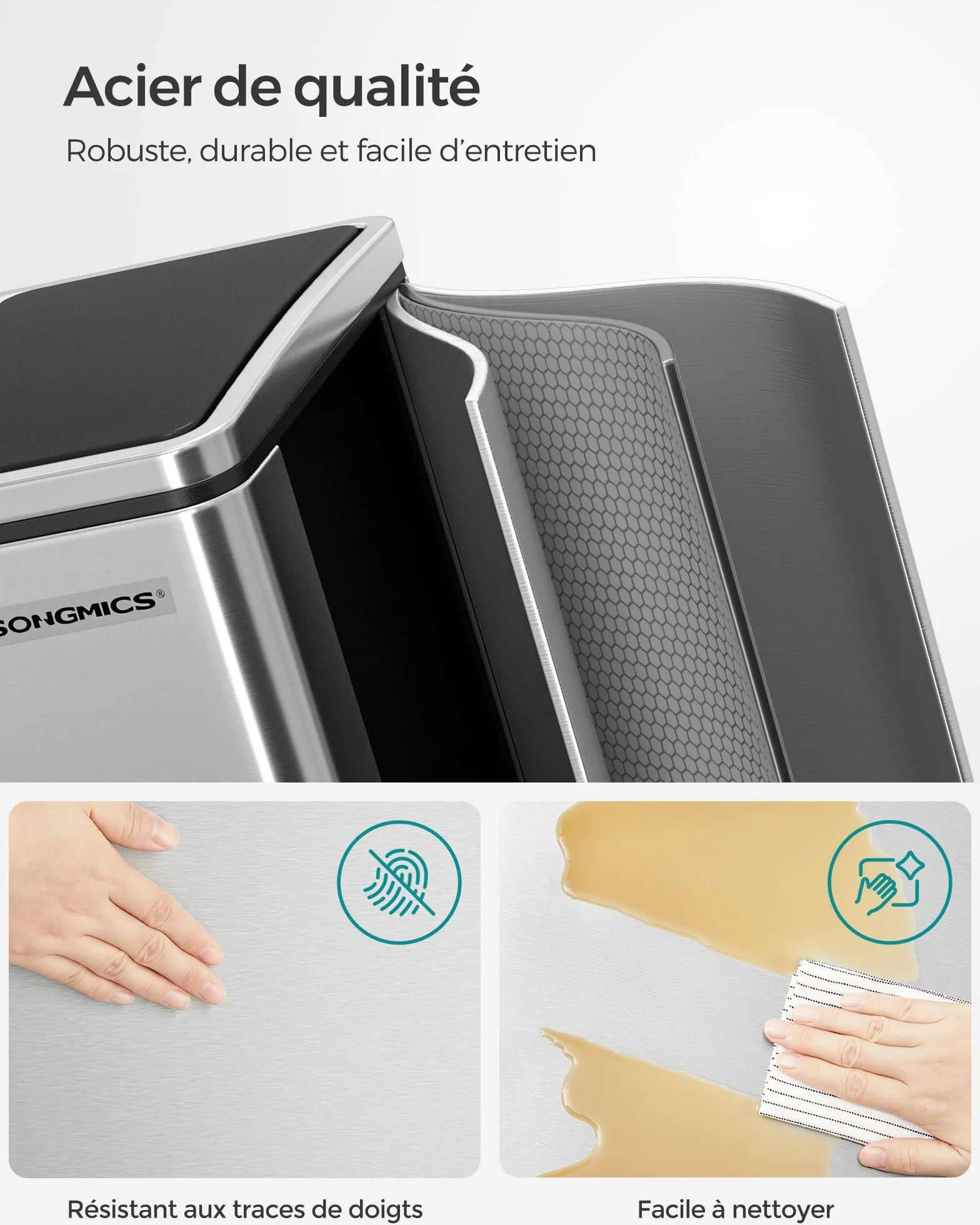 SONGMICS Poubelle Cuisine 2 x 15 L Tri Pédale Acier Argent Métallique Noir
