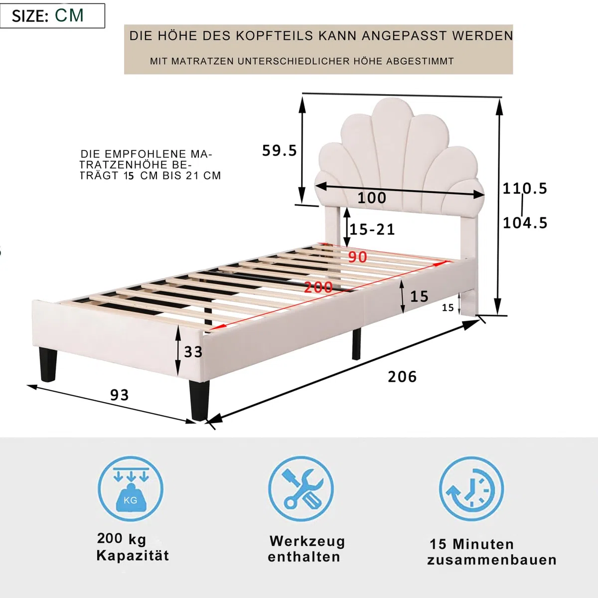 Lit Enfant 90x200 cm, Lit Simple Rembourré avec Tête de Lit en Forme de Fleur, Design Pétales en Velours Beige, Hauteur Réglable, Cadre de Lit avec Sommier à Lattes pour Adolescent et Adulte