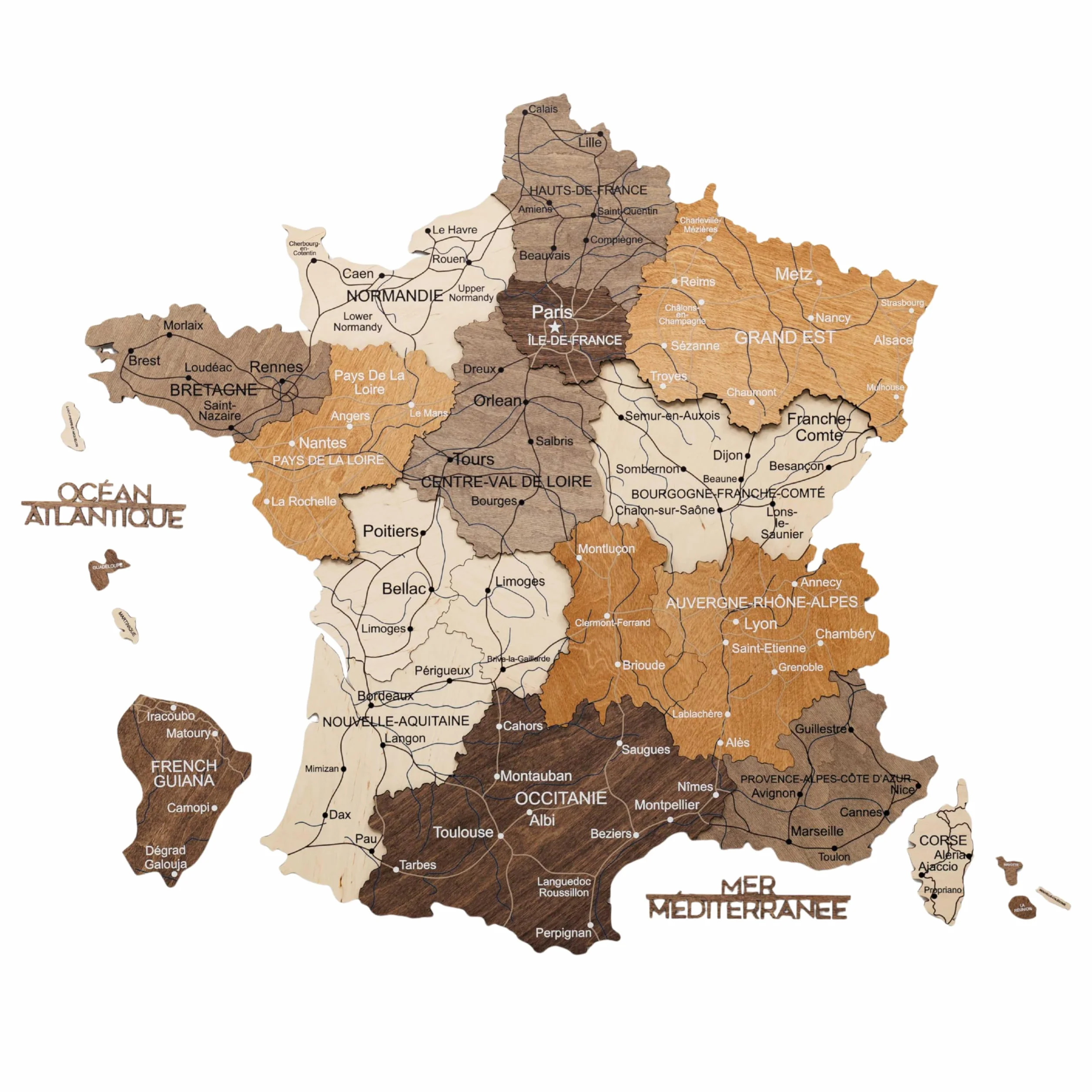 Carte de France Murale en Bois 3D - Décoration Bureau Artisanale - Idée Cadeau Voyage (Multicolor, S)