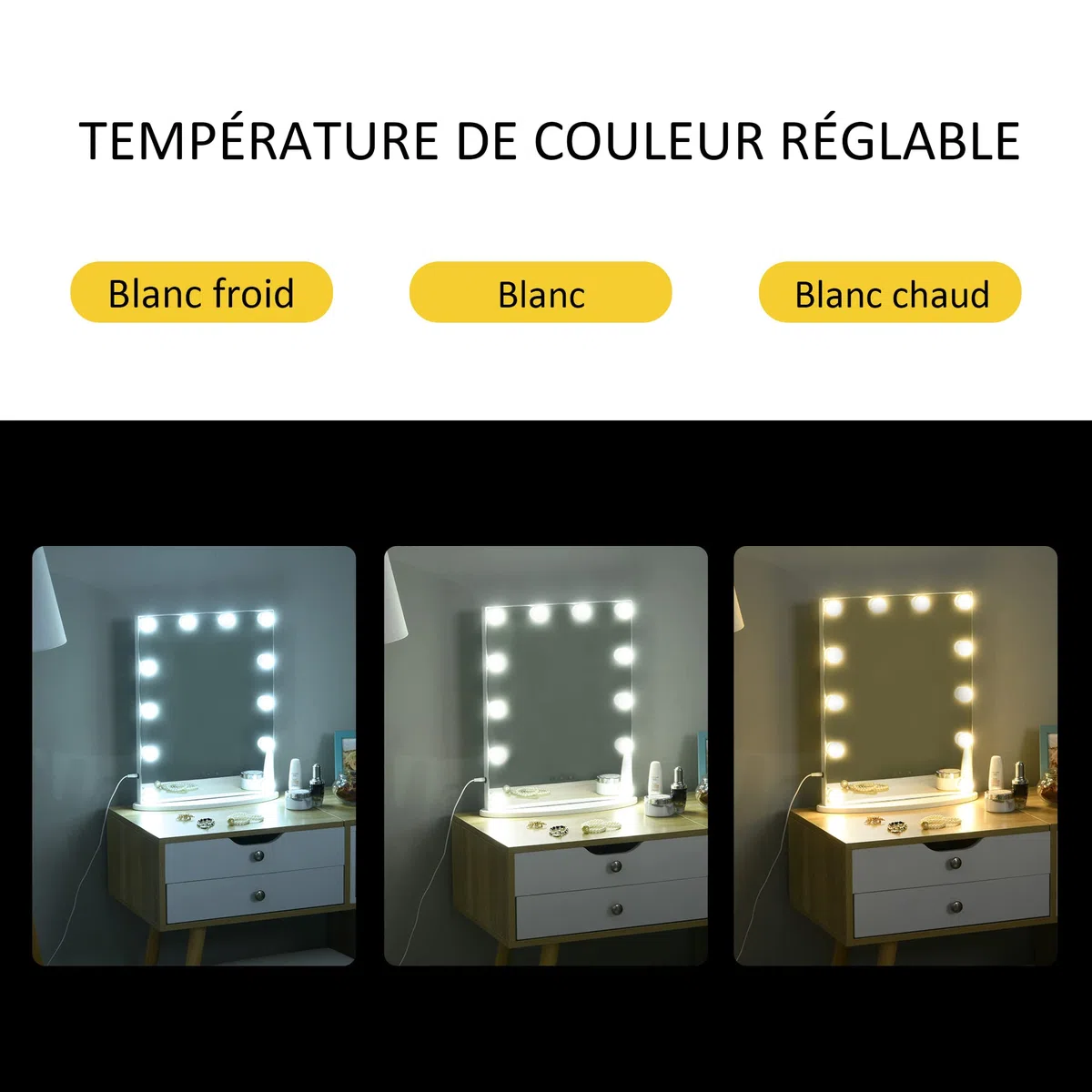 HOMCOM Miroir Maquillage Hollywood Lumineux LED intensité réglable pour Coiffeuse dim. 41L x 13P x 51H