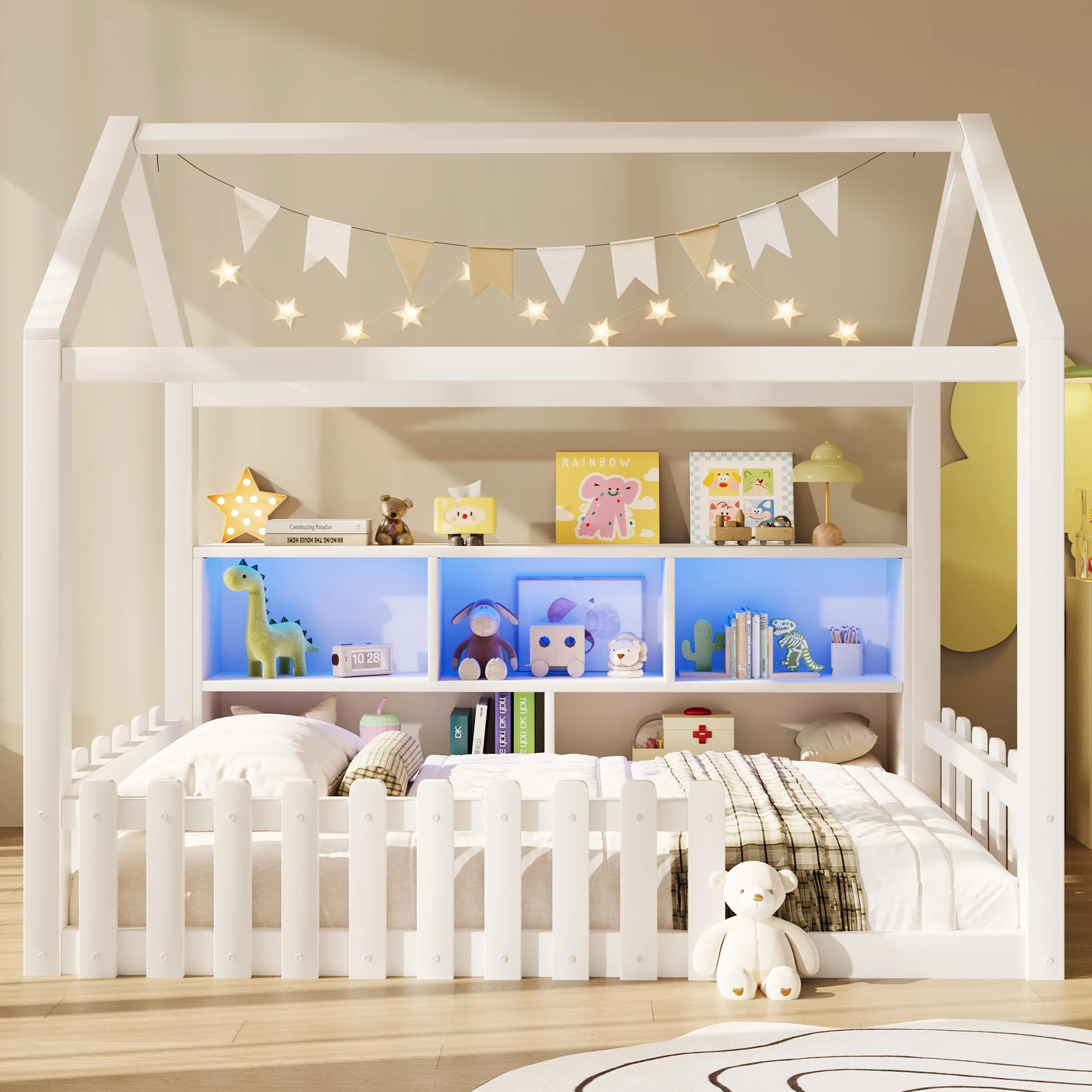 Lit cabane Enfants 90x190 cm avec LED,lit Enfant avec Barriere,lit Enfant cabane lit au Sol Enfant,Compartiments de Rangement Ouverts, Design Maison,Bande de Maison,Bois de pin,Blanc