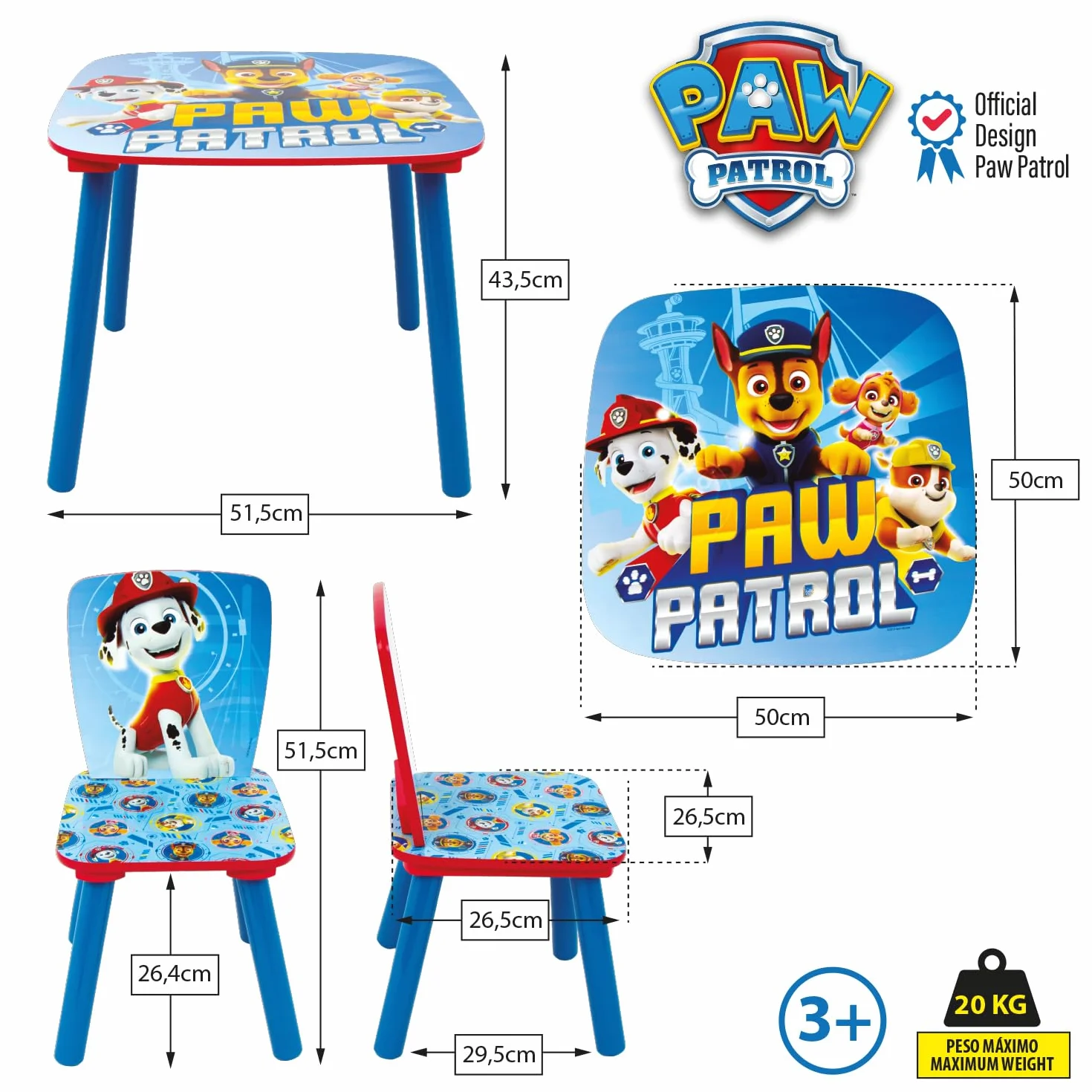 ARDITEX - Ensemble Table et 2 Chaises en Bois pour Enfants Licence Officielle La Pat’ Patrouille - Table 50x50x44 cm/Chaise 26,5x26,5x50 cm - Bleu - Idéal pour Jouer et Dessiner