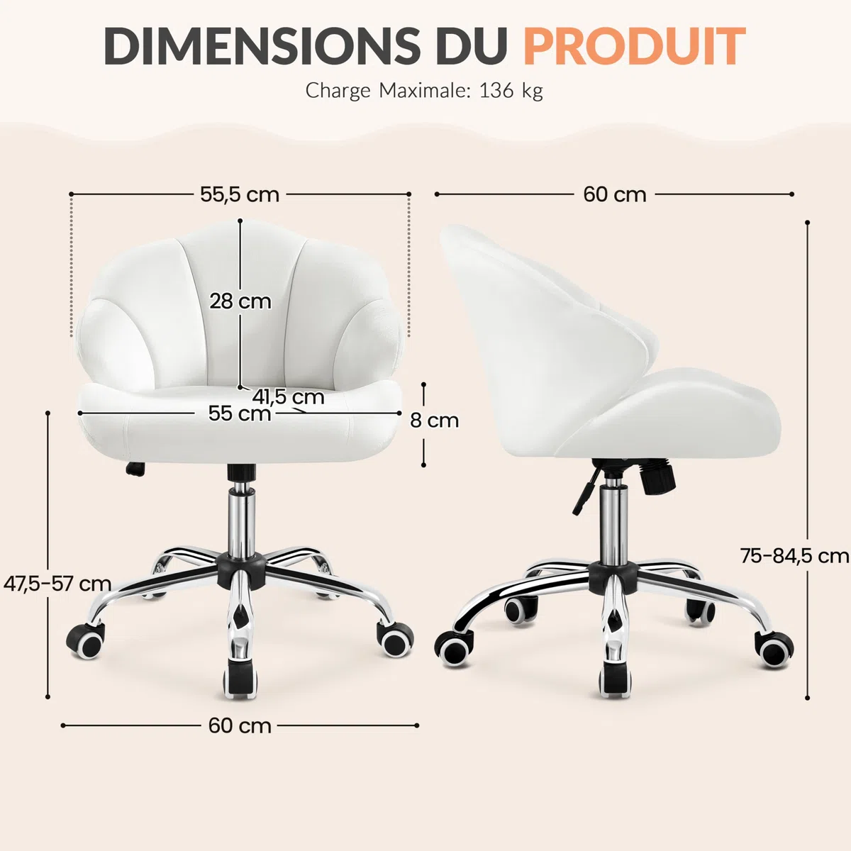 Yaheetech Chaise de Bureau Ergonomique Fauteuil Coquillage avec Dossier en Velours Réglable en Hauteur Chaise Pivotante Fauteuil Maquillage pour Bureau, Salon, Chambre Charge 136kg Blanc/Velours
