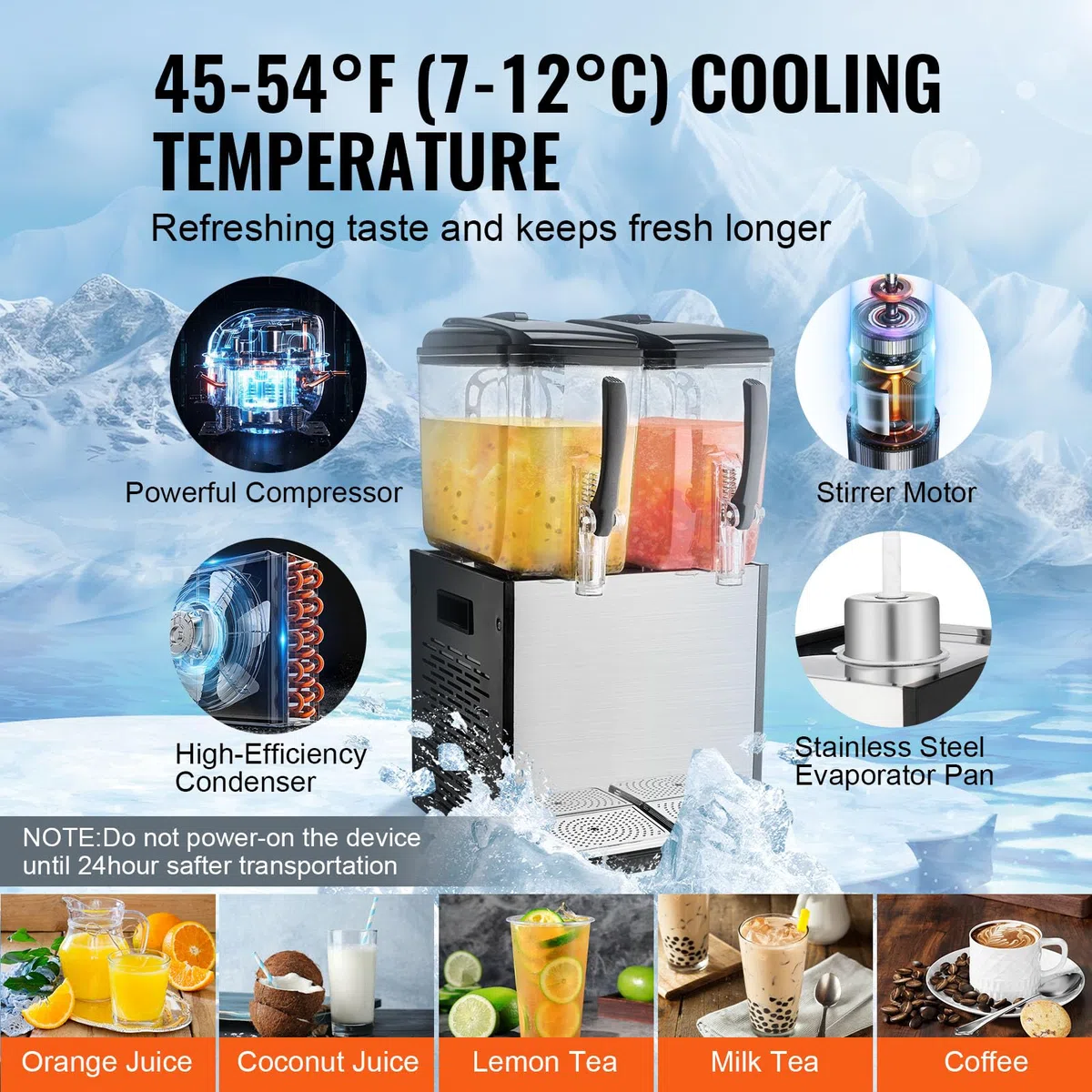 VEVOR Distributeur de Boissons Commercial 2 Réservoirs de 12 L, Fontaine à Eau 286 W, Distribution de Jus Limonade Thé Glacé, Température de Refroidissement 7-12 ℃, pour Restaurant, Hôtel, Café