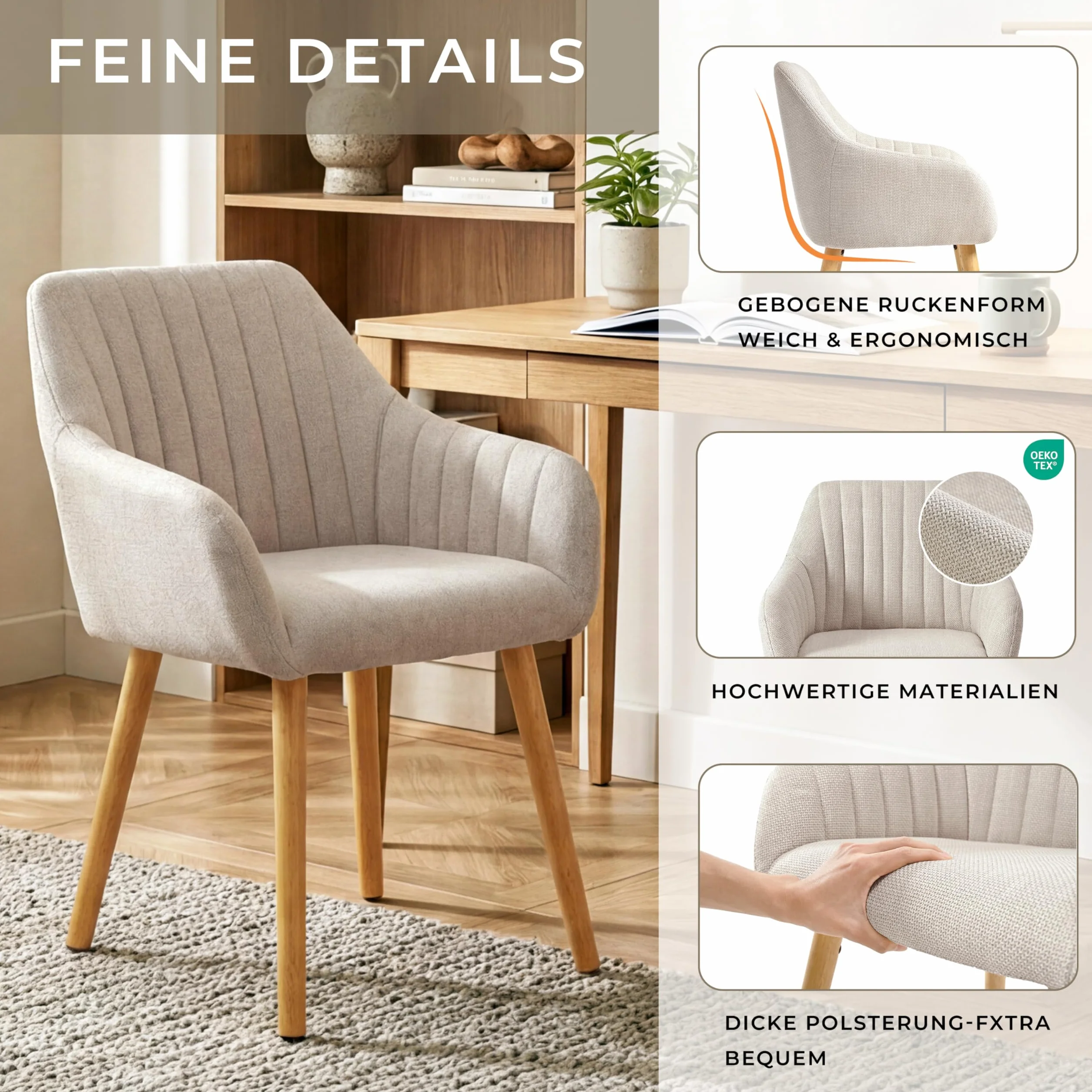 Lot de 4 Chaises Fauteuil Salle à Manger Chaises Beige avec Accoudoirs rembourrée en Polyester avec Pieds en Bois pour Salon Cuisine et Bureau