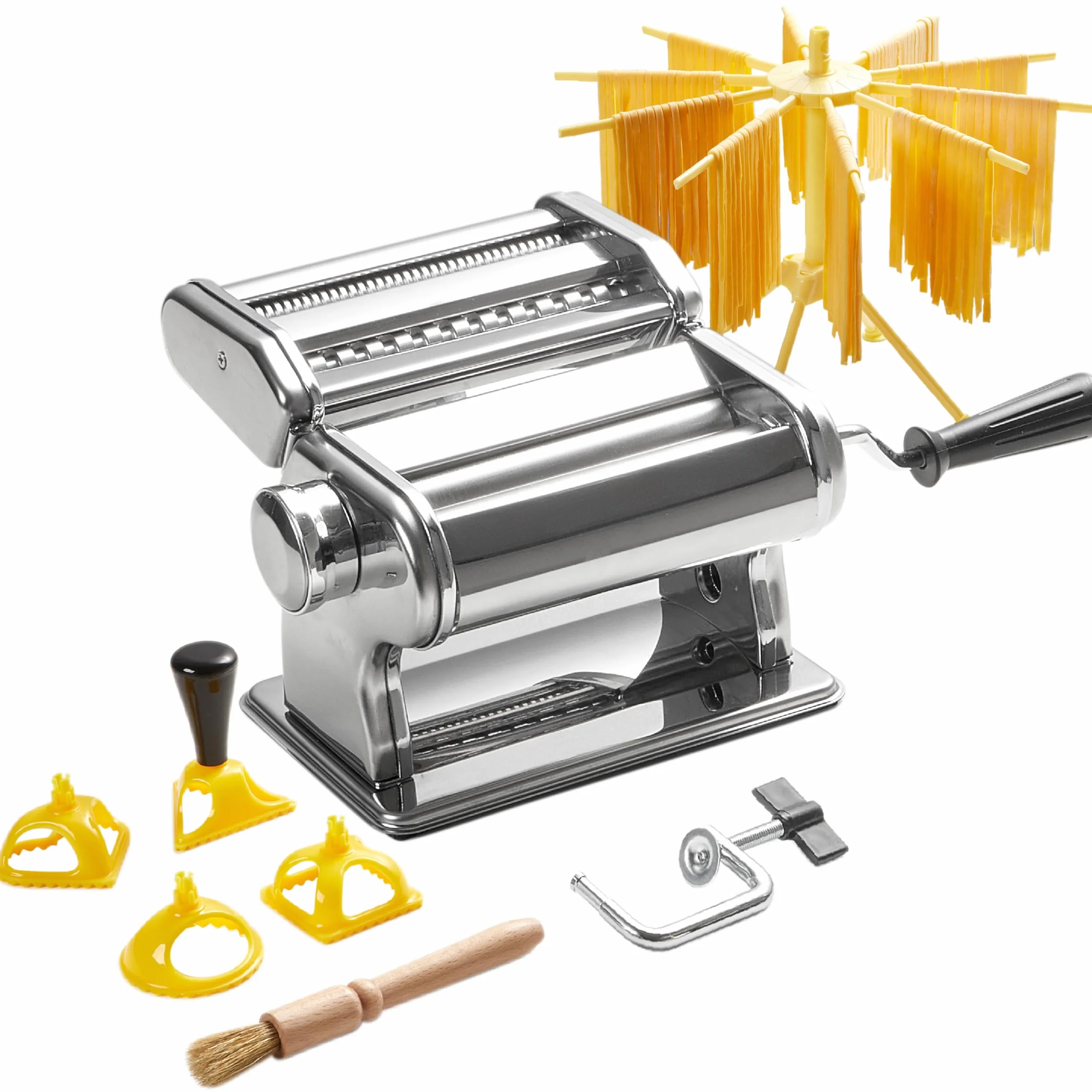 ROSSETTO Machine à pâtes manuelle avec séchoir – En acier inoxydable avec 9 épaisseurs de pâte et 2 largeurs de coupe – Pour lasagnes, spaghettis, fettuccine – Raviolis