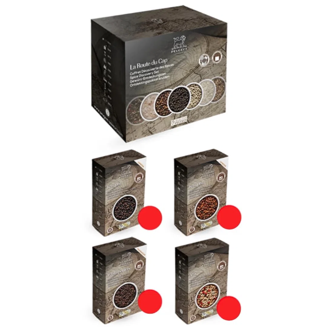 PEUGEOT - Multipack Poivres Premium - Kampot Noir & Rouge, Voatsiperifery, Mélange Fraîcheur - Origines Cambodge et Madagascar - Sachets Triple Protection - 4x60g