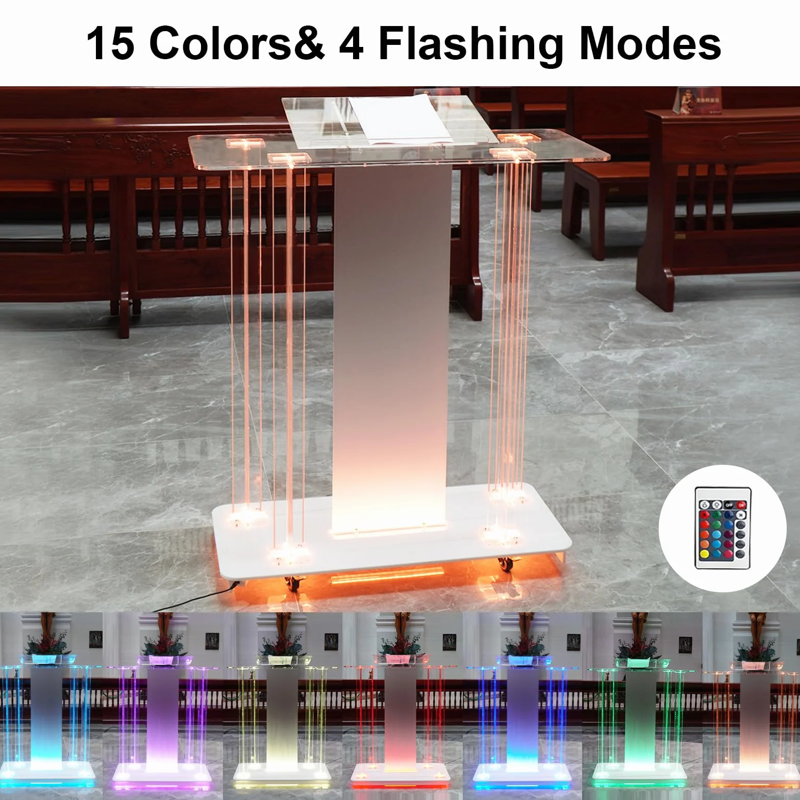 Afitdon Chaire d'église Pupitre en Acrylique Transparent avec Roues et 15 Couleurs de lumière LED réglables, Grand Support Acrylique pour église, Concert, conférence, Mariage, Salle de Classe