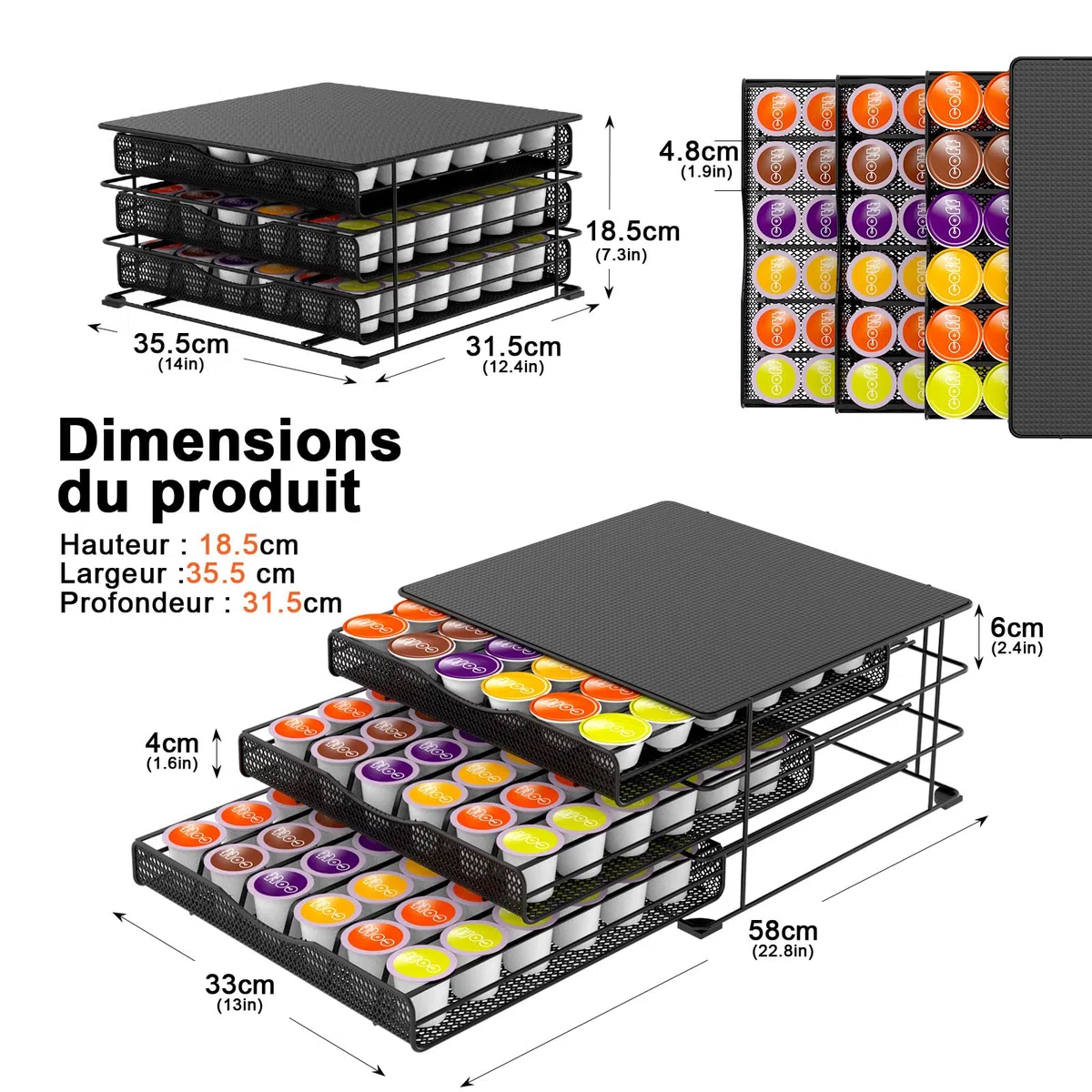 Masthome porte capsules Dolce Gusto 3 tiroirs métal, grande capacité 108 dosettes avec tapis EVA anti vibration antidérapant, rangement café pour maison, cuisine, bureau, salle de pause, noir sobre
