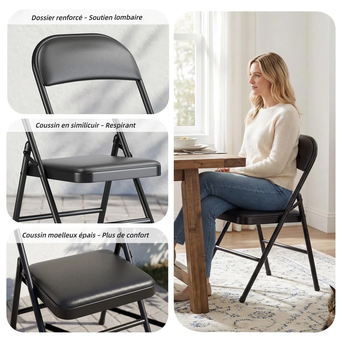 Lot de 6 Chaises Pliantes Rembourrées, Charge 158 kg, Cadre en Acier, Simili Cuir PU, Pliable Gain de Place, sans Montage, pour Salon, Salle à Manger, Camping, Jardin, Réception, Noir