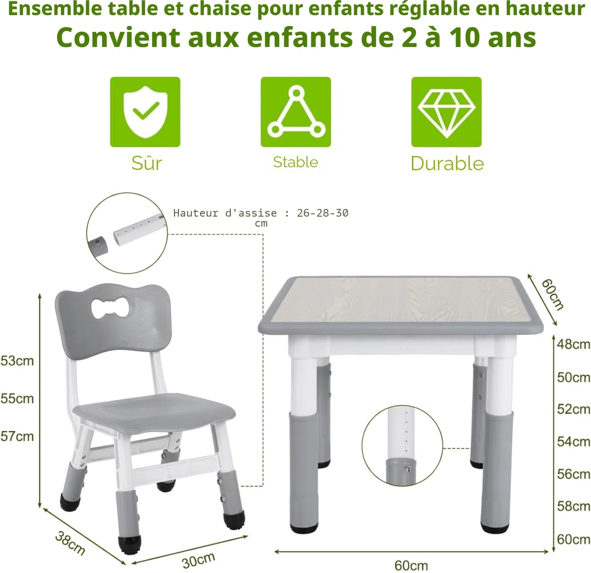 MAMIZO Ensemble de Table pour Enfants Réglable en Hauteur Avec 2 Chaises, Meubles en Plastique, pour Peinture, Garçons et Filles à Partir de 3 Ans (Gris, Carrée)