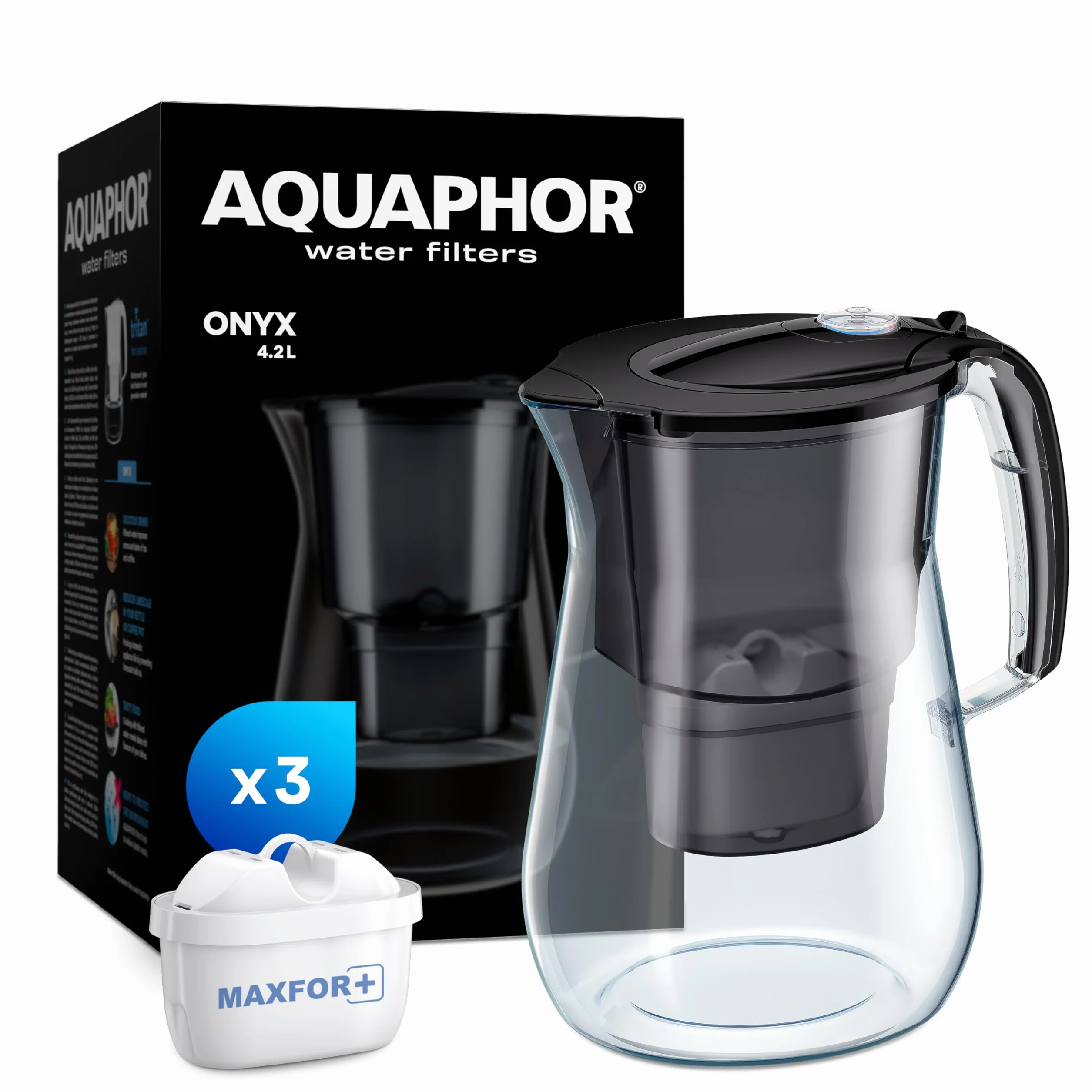 AQUAPHOR Carafe filtrante à eau Onyx de 4,2 L, pour réduire le calcaire, le chlore et autres impuretés, comprend 3 cartouches filtrantes Maxfor+ - Noir