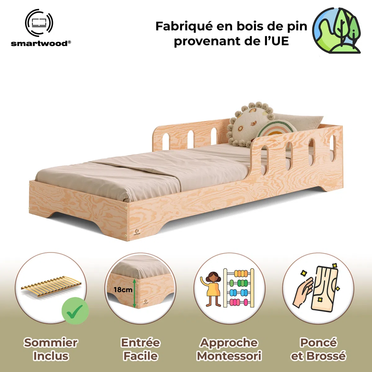 smartwood Lit Enfant 70x140 cm Lit Montessori au Sol - Bois Certifié FSC avec Barrière et Sommier à Lattes Jusqu’à 230 kg - Montage Facile - pour Garçon et Fille - Tila 6