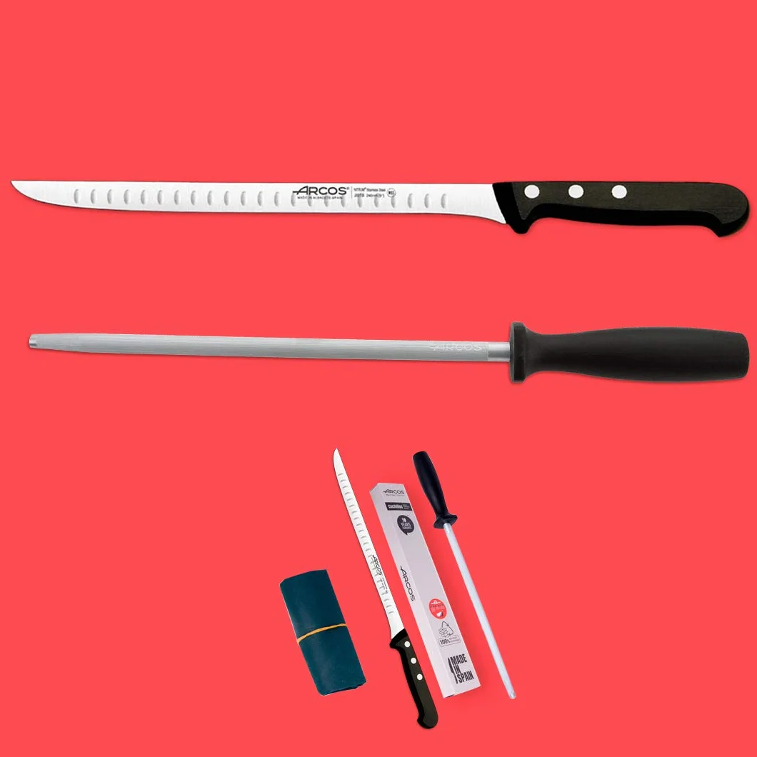 Arcos | Ensemble de 3 couteaux à jambon | Couteau à jambon en acier inoxydable Nitrum, affûteur et étui | Set de couteaux à jambon | Couteau à jambon professionnel | Écologique | Fabriqué en Espagne