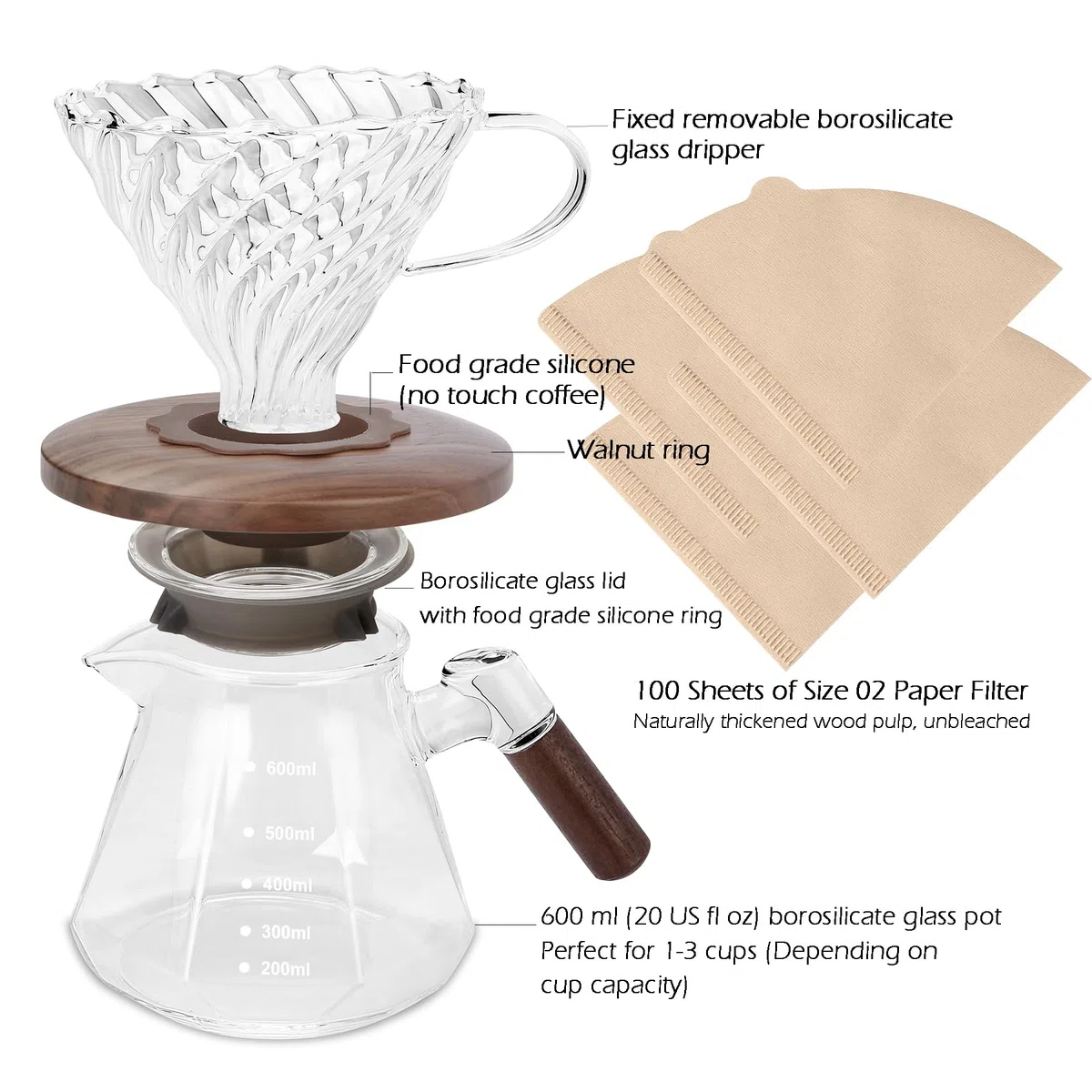 Lalord Verser Over Cafetière en Verre Borosilicate de 600 ml avec 100 Papier Filtres, Col en Noyer et Couvercle en Verre, Cafetière Goutte à Goutte, 1 à 3 Tasses, Transparent