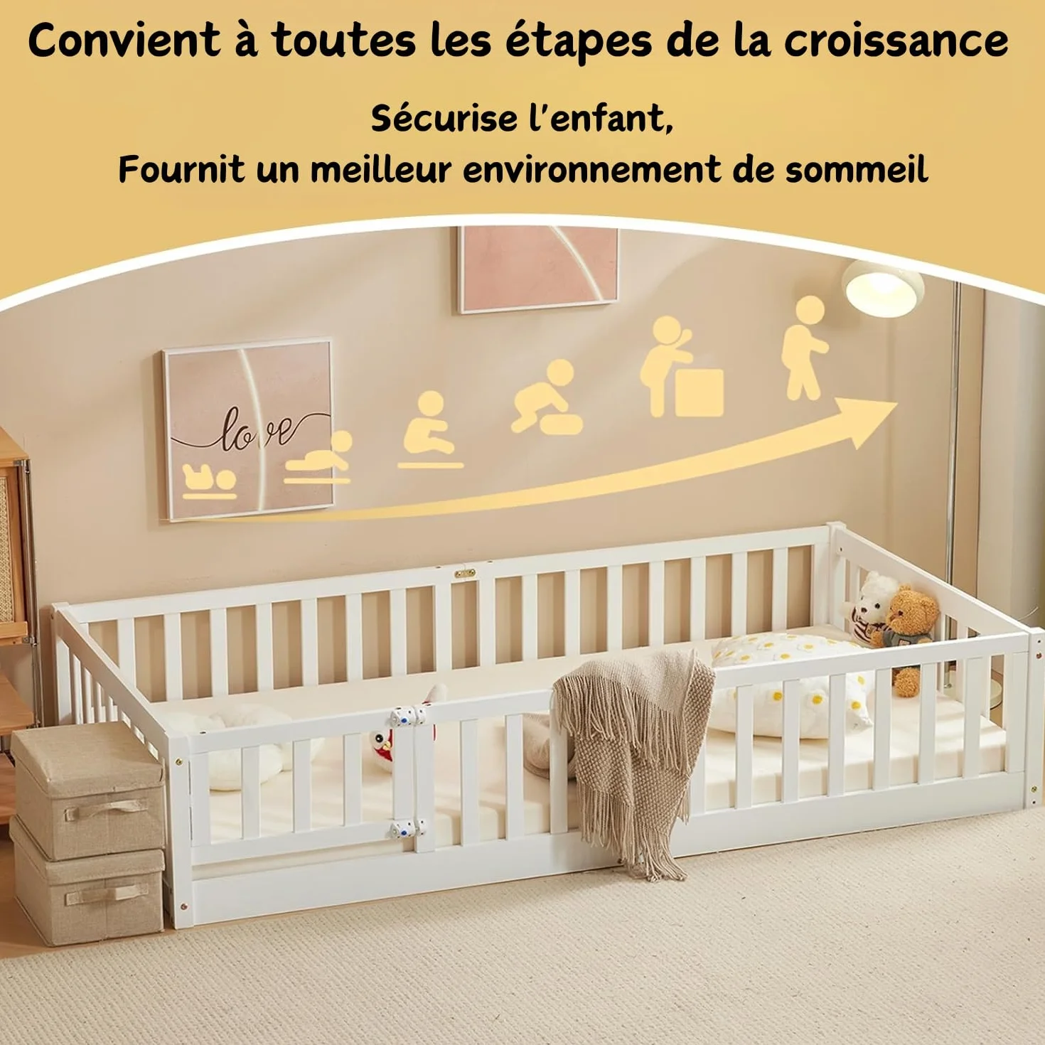 LALAHO Montessori Lit d'enfant Lit au Sol 90x190 cm - Bois Massif avec Porte et Barrière Sécurisée - 12 Lattes Renforcées, Garde-Corps Intégré - pour Enfants (Blanc)