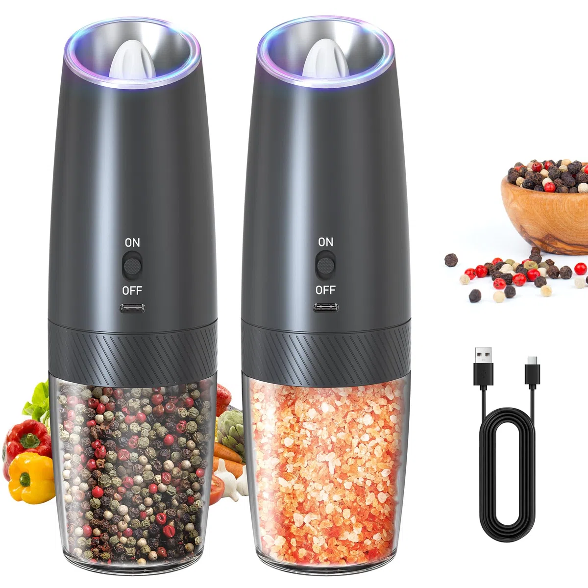 CIRCLE JOY Rechargeable Ensemble de Moulin à Poivre Électrique à Gravité avec Lumière LED Blanche, Grosseur Réglable, Récipient Lavable de 135 ml et Opération à une Main, Noir