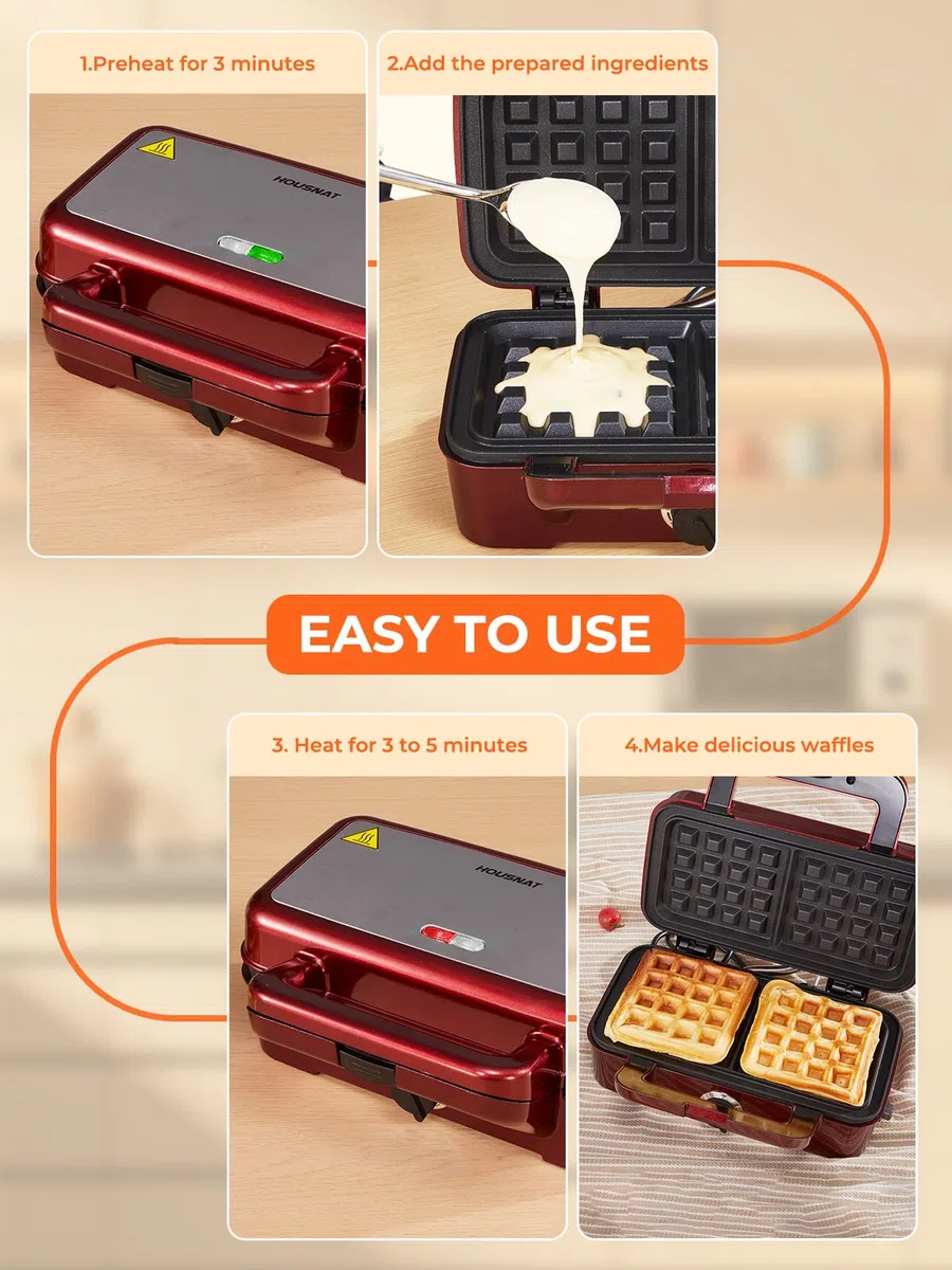 HOUSNAT Gaufrier 3 in 1, Appareil à Croque Monsieur avec Contrôle de Température à 5 Vitesses, Pour Gaufres Belges, Revêtement Antiadhésif, Parfait pour le Petit Déjeuner, Rouge