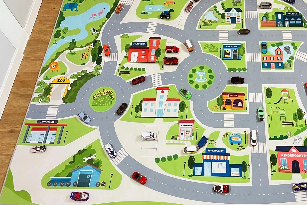 Tapis de Route Cute City pour Enfant – Tapis de Jeu avec Dos Antidérapant, Couleurs Vives, 200 x 140 cm