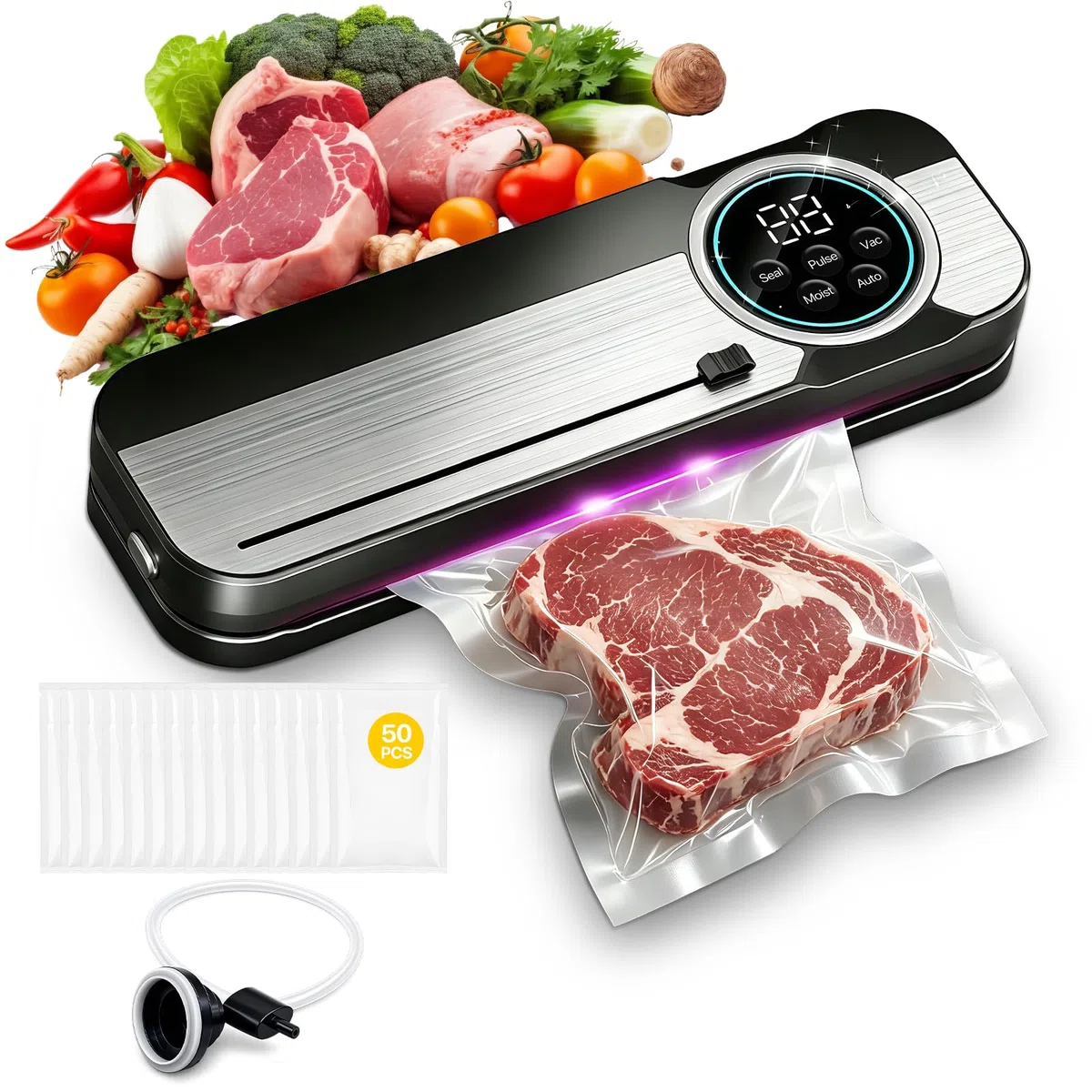 RoserRose 120W Machine Sous Vide Alimentaire 6 en 1, 75 KPA Appareils de Mise Sous Vide avec Modes Sec et Humide, UV, 50 Sac Sous Vide, Couteau de Coupe et Tuyau, Scellure Large 30 cm
