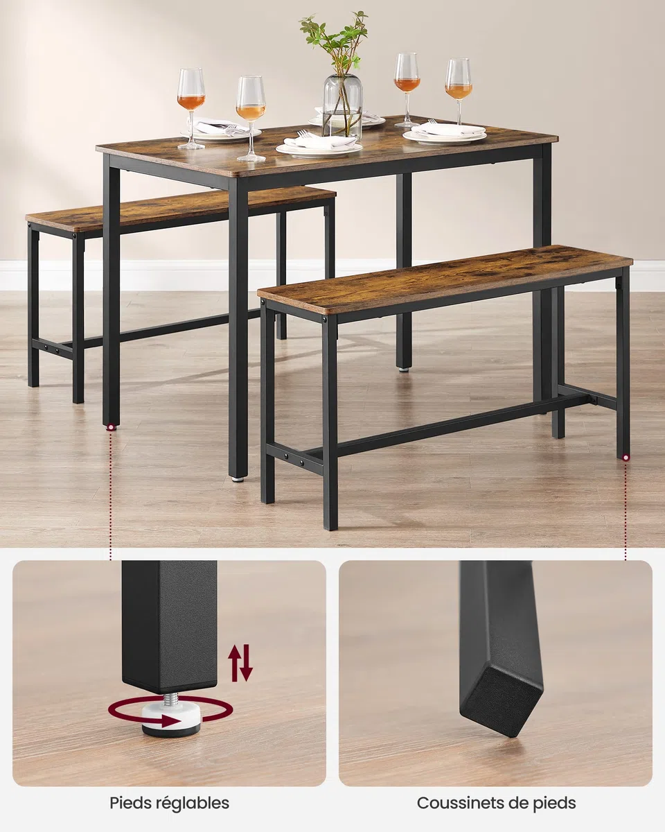 VASAGLE Table à Manger avec 2 Bancs, Ensemble de 3 Meubles, Table de Salle à Manger de 70 x 110 x 75 cm, 2 Bancs de 30 x 97 x 50 cm, Cadre en Acier, Marron Ruatique et Noir d'encre KDT070B01