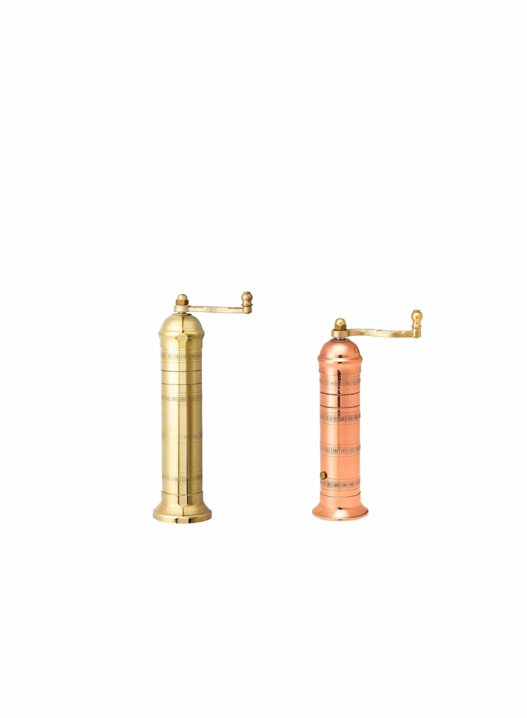 Lot de 2 moulins à sel grecs européens authentiques en laiton et cuivre - Moulin à sel en laiton doré de 20,3 cm / 20,3 cm et moulin à poivre en cuivre de 19,1 cm / 19,1 cm élégant - Shaker de cuisine